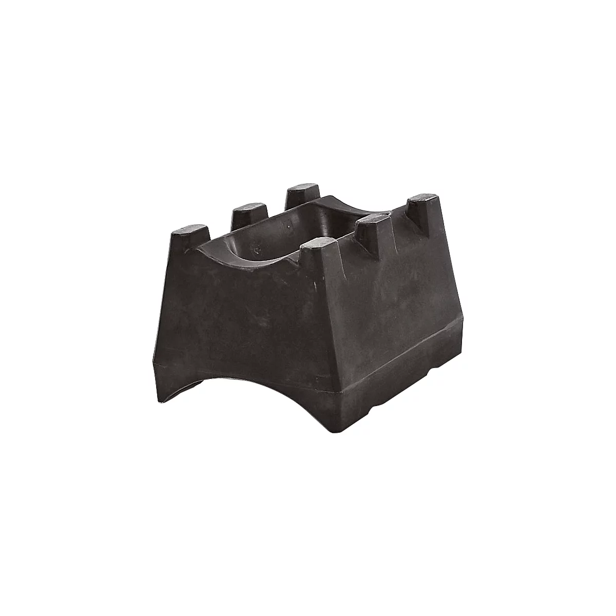 Black, square plastic stand with rounded edges. It has a recess at the top.