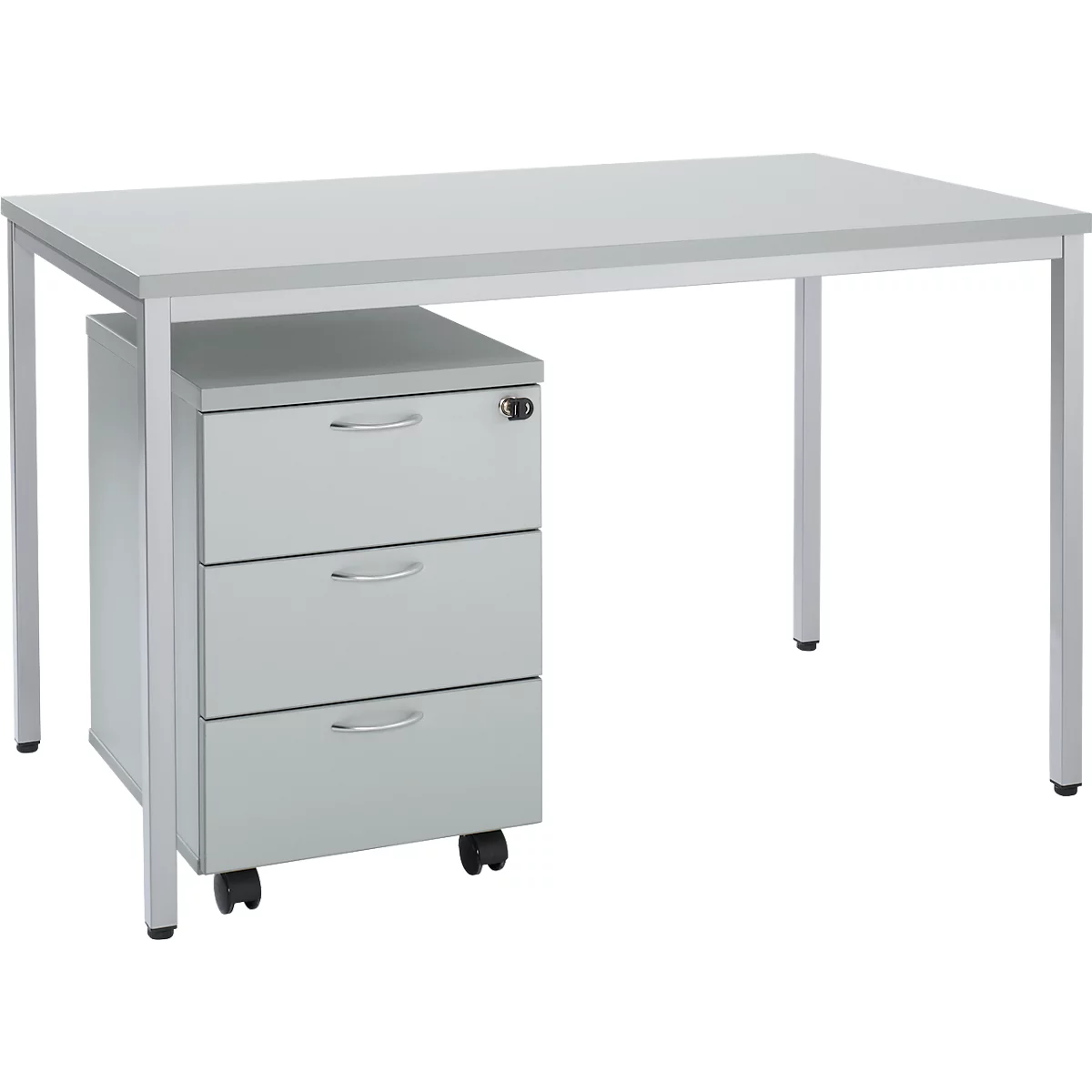 Grey office desk with three drawers and wheels. The desk has a metal frame and a light-colored tabletop.