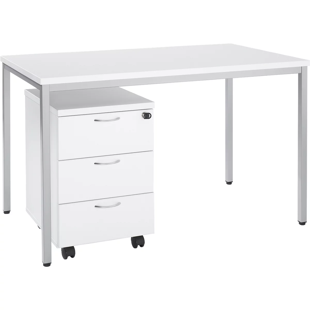 White desk with metal legs and rolling container with three drawers.