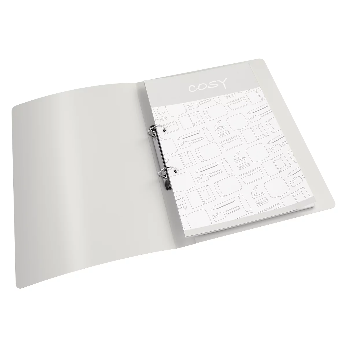 Grauer Ordner mit losem Papierblock. Auf dem Block steht „cosy“ in hellgrauen Buchstaben. Das Papier ist mit hellgrauen Mustern bedruckt.