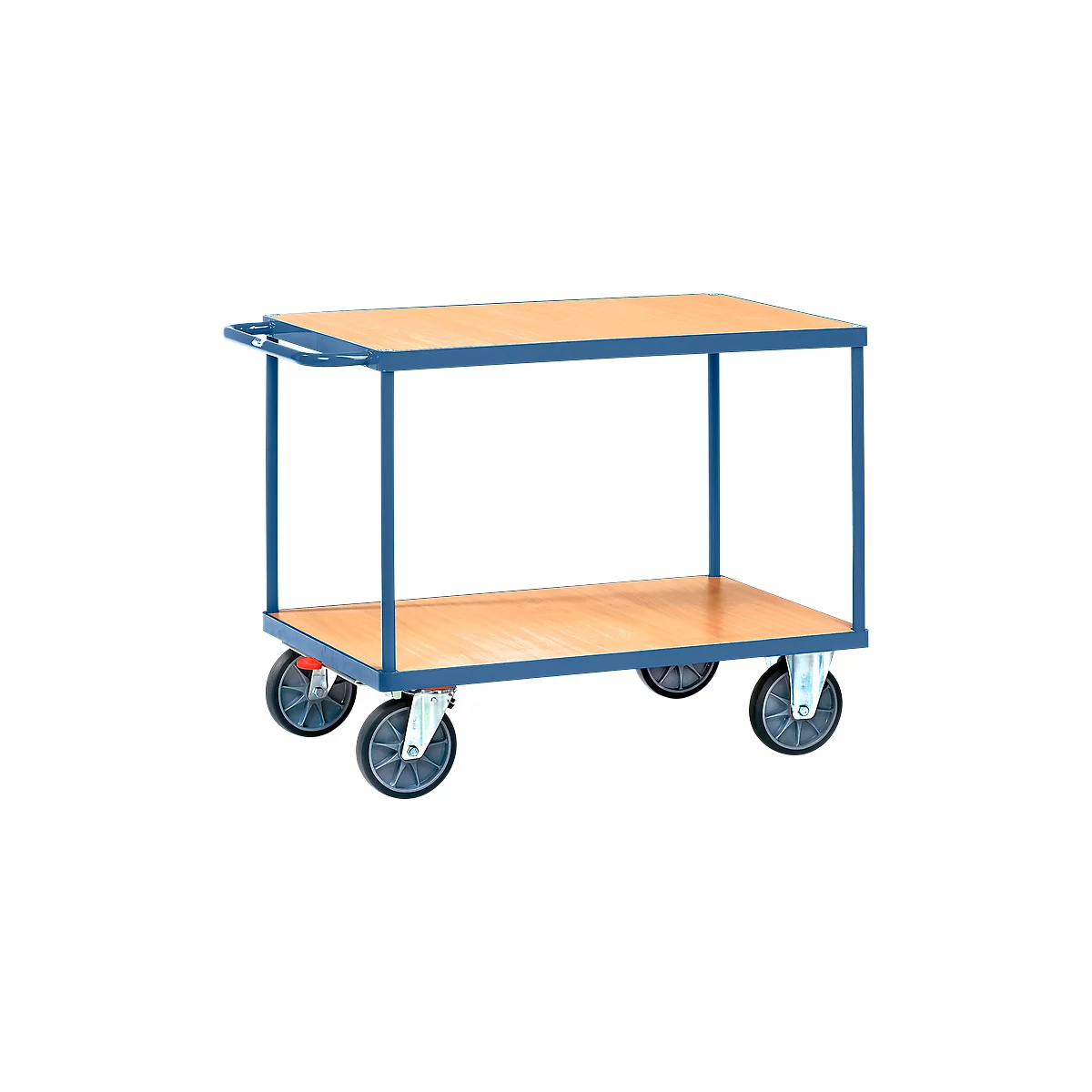 Blue-grey transport cart with wooden shelves. Two levels, four wheels. Handle on top.