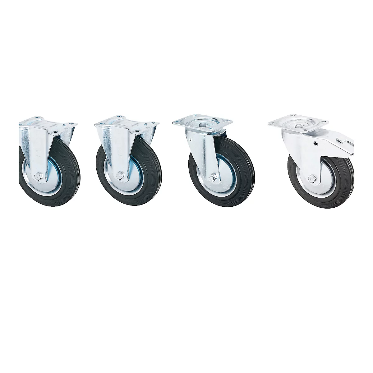 Close-up of four metallic castors, each with a black tire, against a white background.