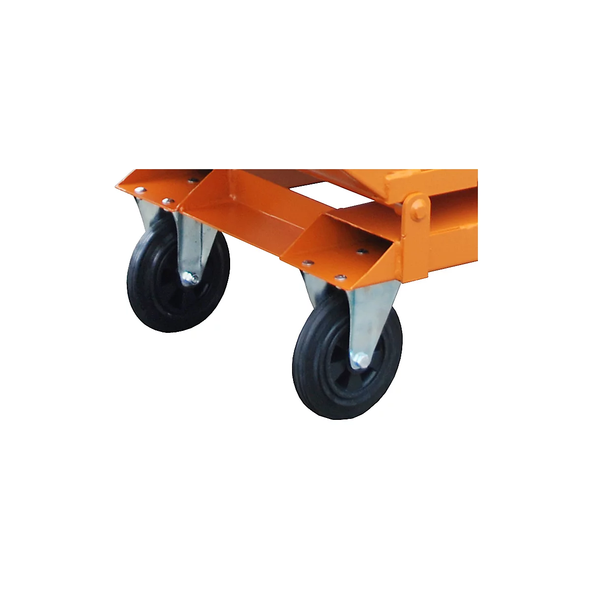 Two black wheels on an orange metal frame, close-up.