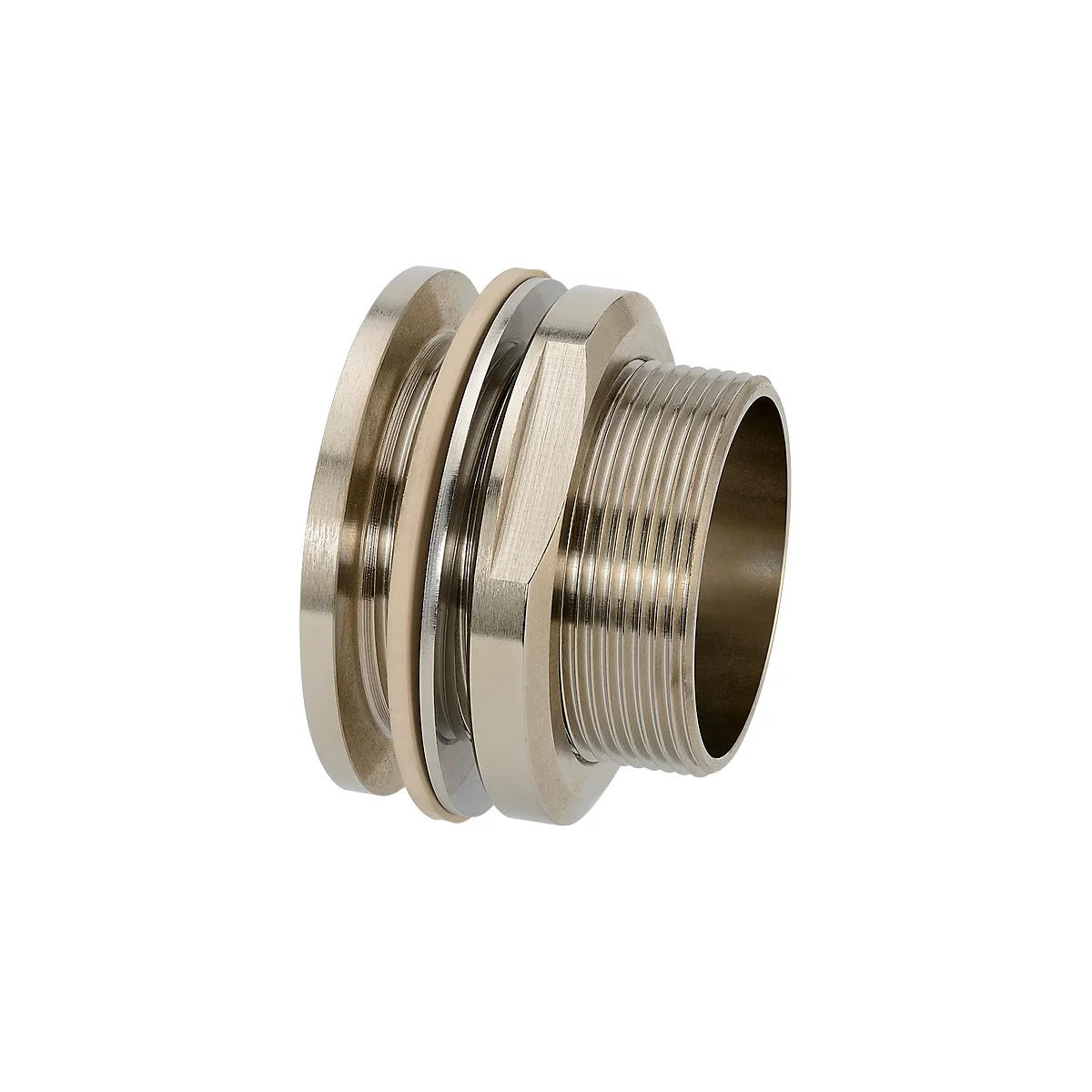 Metal threaded part with sealing rings and hexagon. Close-up.