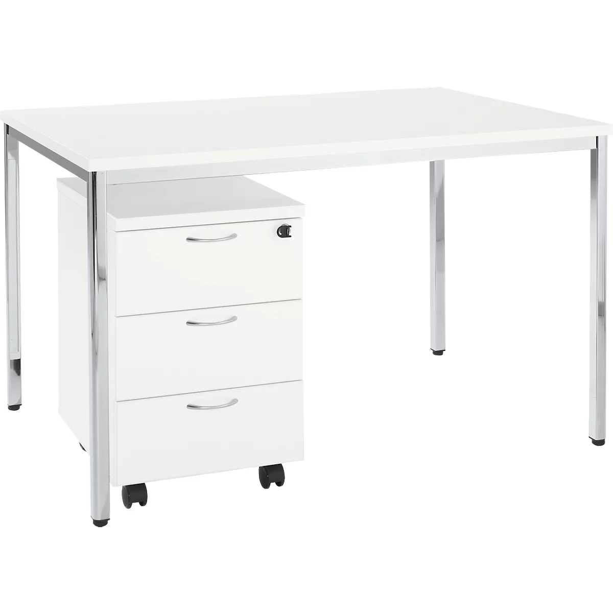 2-tlg. Büromöbel-Set, Home Office Tisch, weiss/chromsilber + Rollcontainer 333, weiss 