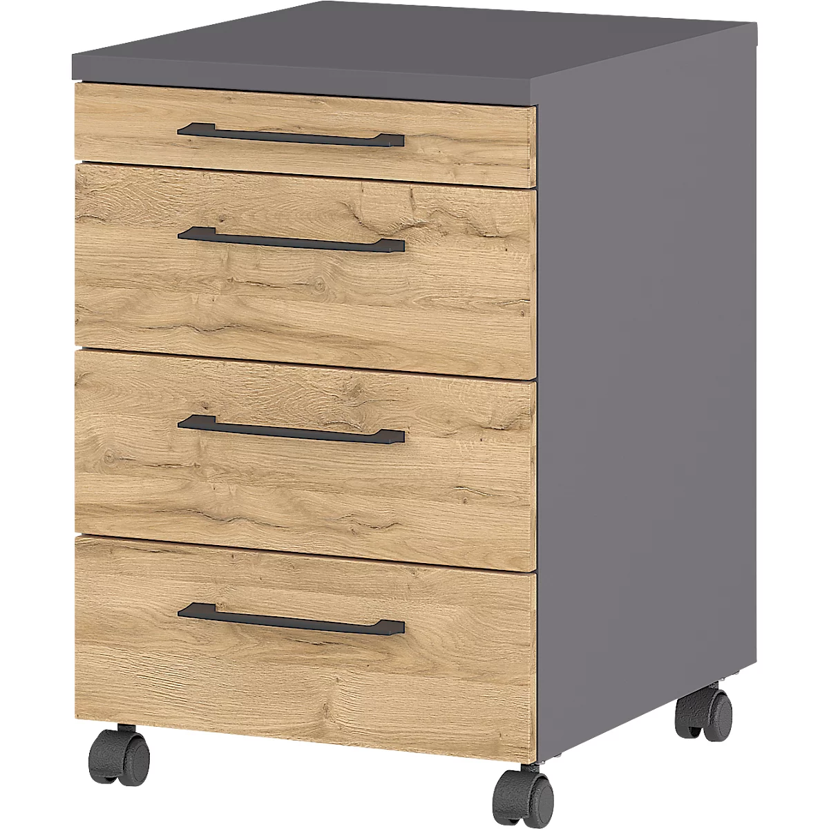 2-tlg. Büromöbelset Profi 2.0, Schreibtisch, mechanisch höheneinstellbar, inkl. Rollcontainer mit 4 Schubladen, schwarz/graphit/Eiche
