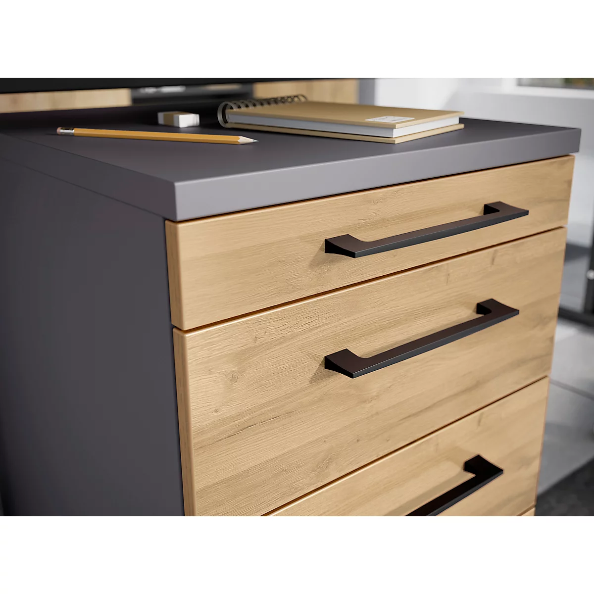 2-tlg. Büromöbelset Profi 2.0, Schreibtisch, mechanisch höheneinstellbar, inkl. Rollcontainer mit 4 Schubladen, schwarz/graphit/Eiche