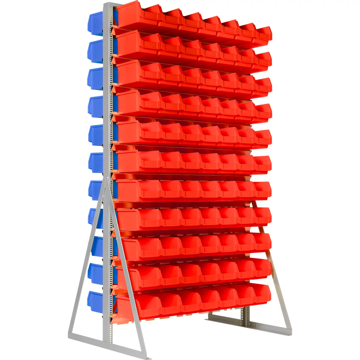 2-zijdig rek, 22 rijen, incl. 77 open magazijnbakken LF 221 blauw &amp; 77 open magazijnbakken LF 221 rood, B 1145 x D 800 x H 1950 mm