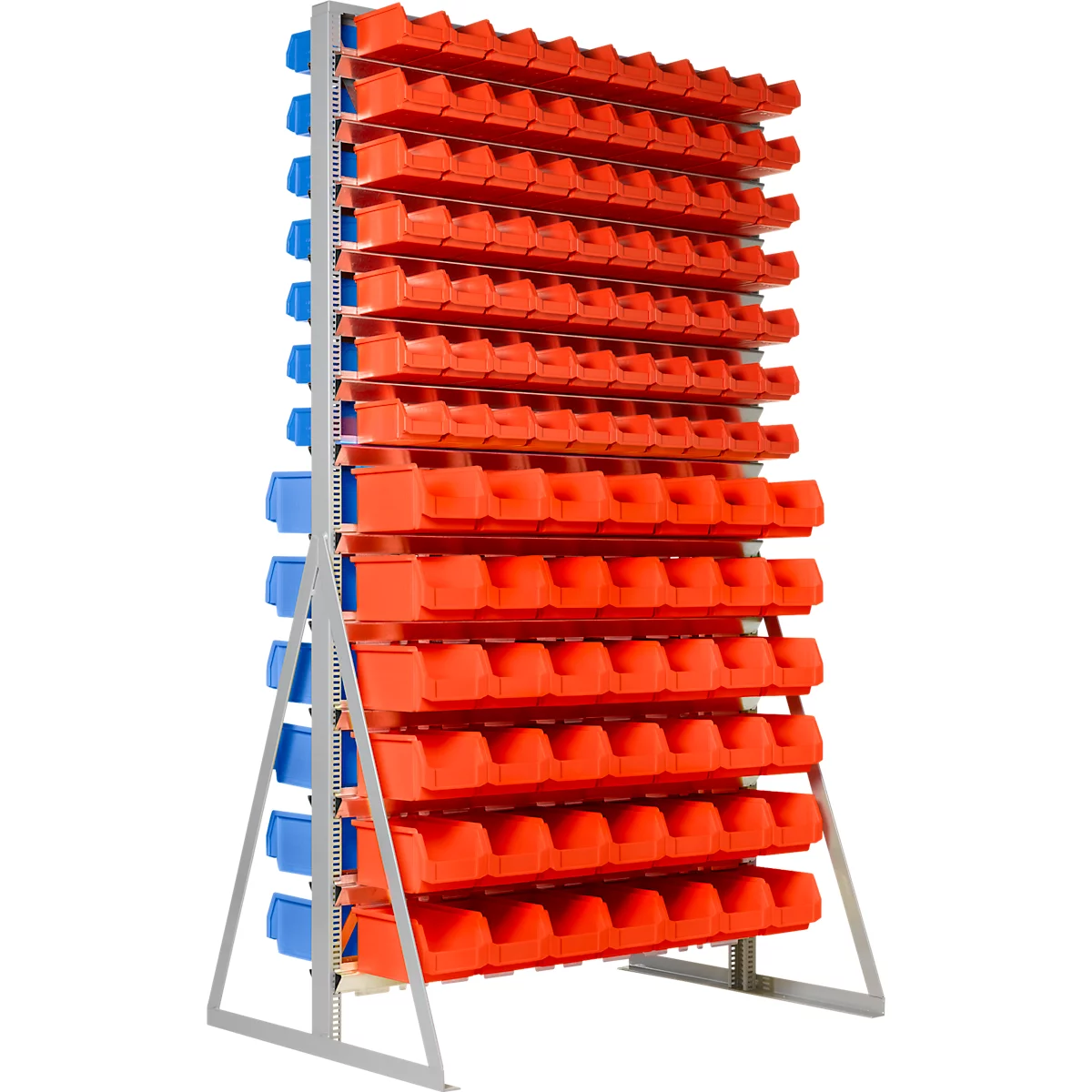 2-zijdig rek, 26 rijen, 2 x 70 open front magazijnbakken LF 211 rood/blauw &amp; 2 x 42 open front magazijnbakken LF 221 rood/blauw, B 1145 x D 800 x H 1950 mm