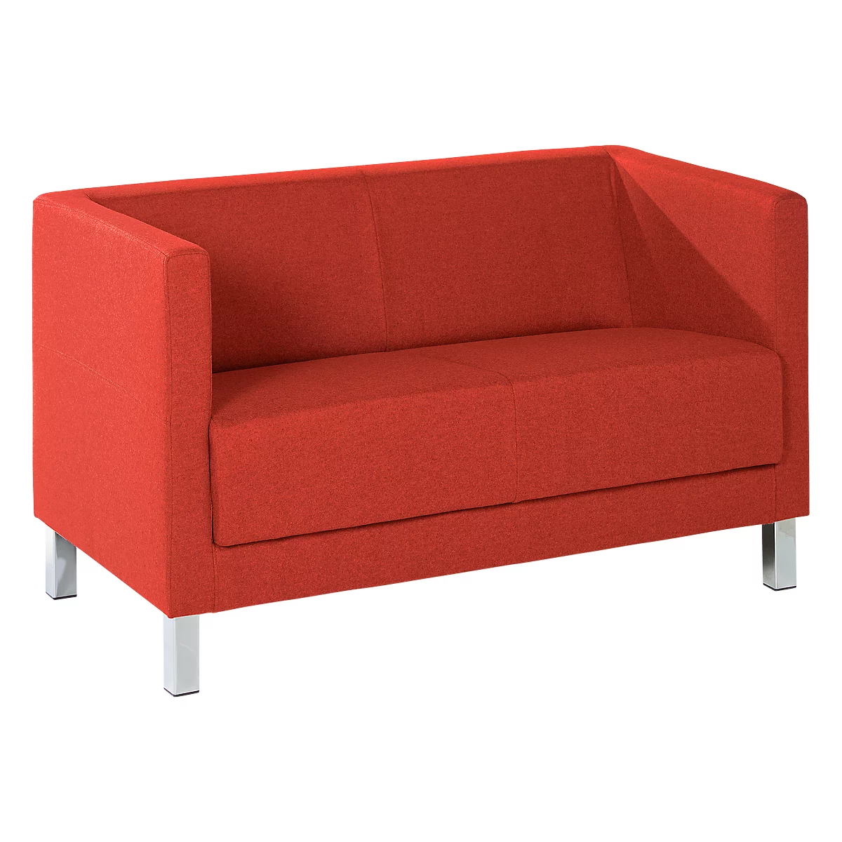 Rode tweezitsbank met vierkante armleuningen en zilveren poten.