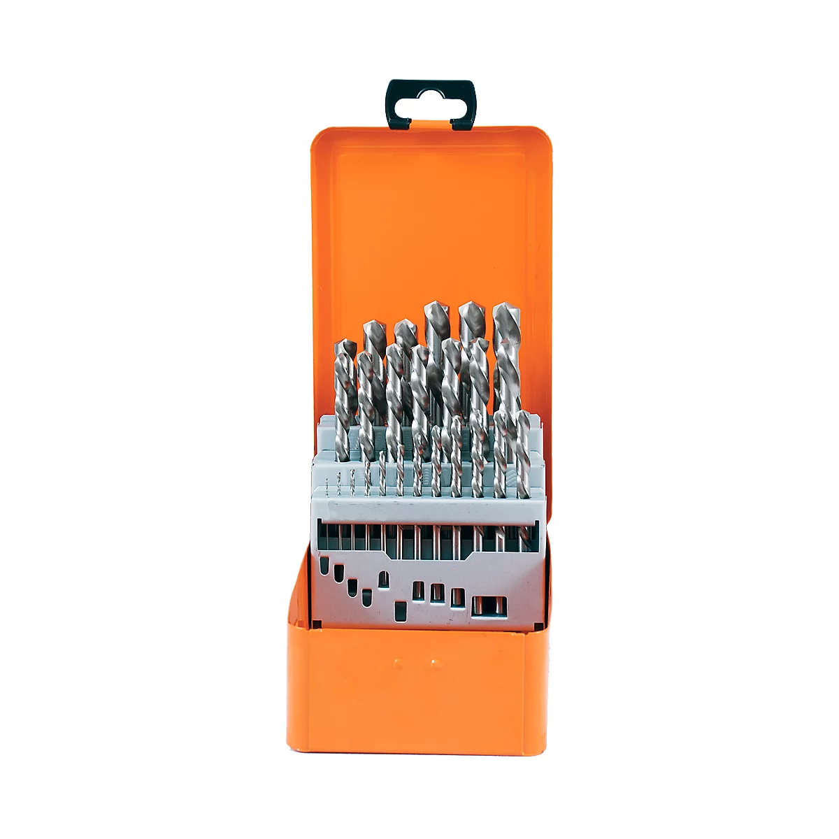Orange case containing a set of drill bits. The case is open, displaying various drill bit sizes.