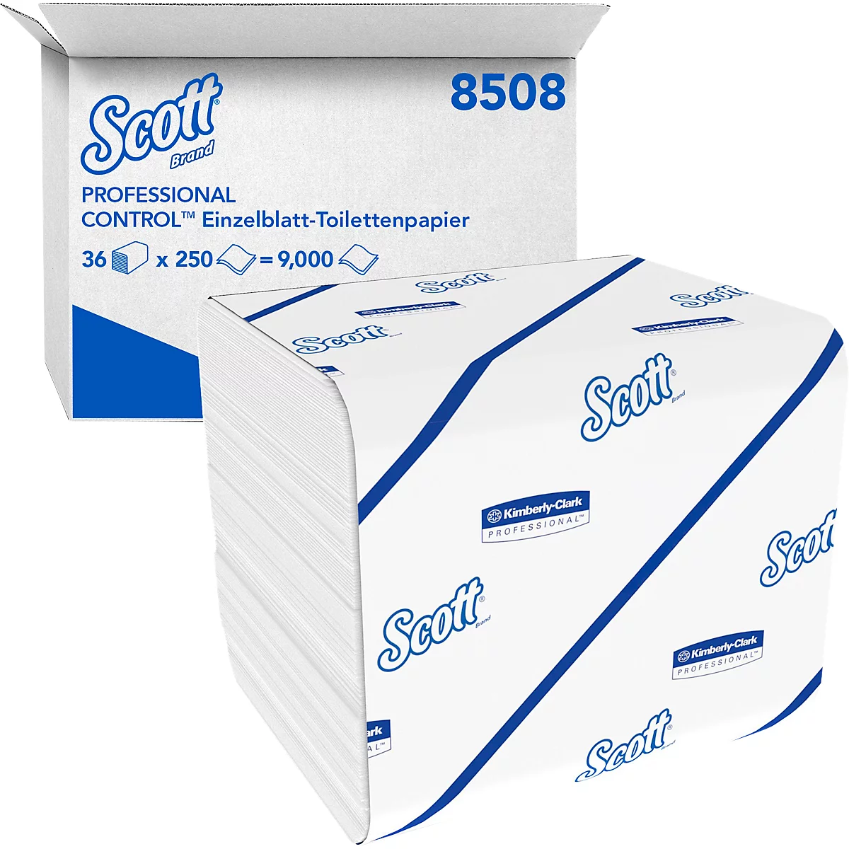 Zwei Packungen Toilettenpapier, eine offen, eine geschlossen. Beide mit blauem Scott-Logo und Produktinformationen.