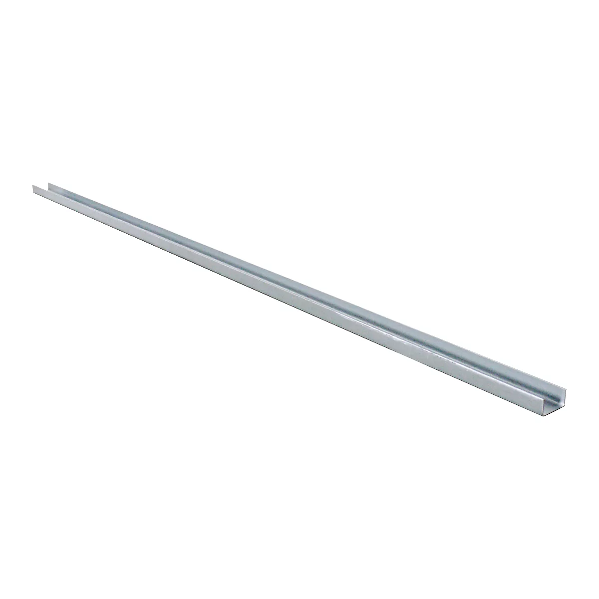Straight, silver-colored metal profile extending diagonally across the white background.