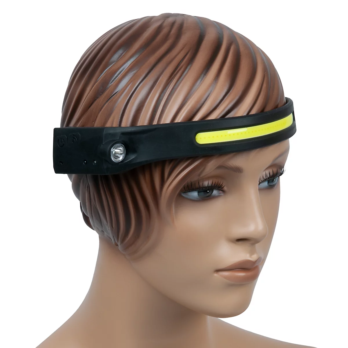 Schwarzes Stirnband mit LED-Leuchte und gelbem Leuchtband, getragen von einer Schaufensterpuppe.