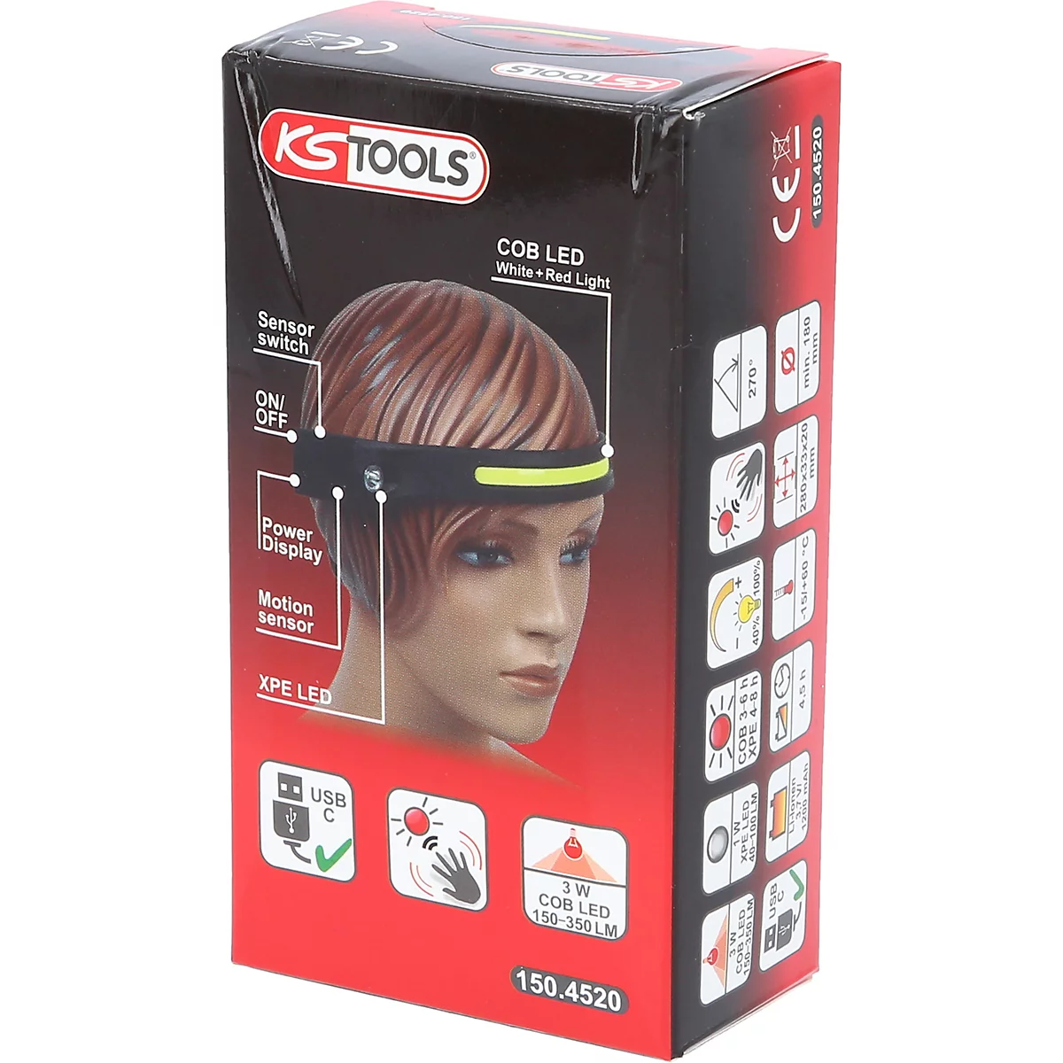Eine Nahaufnahme einer Produktverpackung mit einer Stirnlampe. Die Verpackung zeigt ein Modell mit Stirnlampe. Text: KS TOOLS, COB LED.