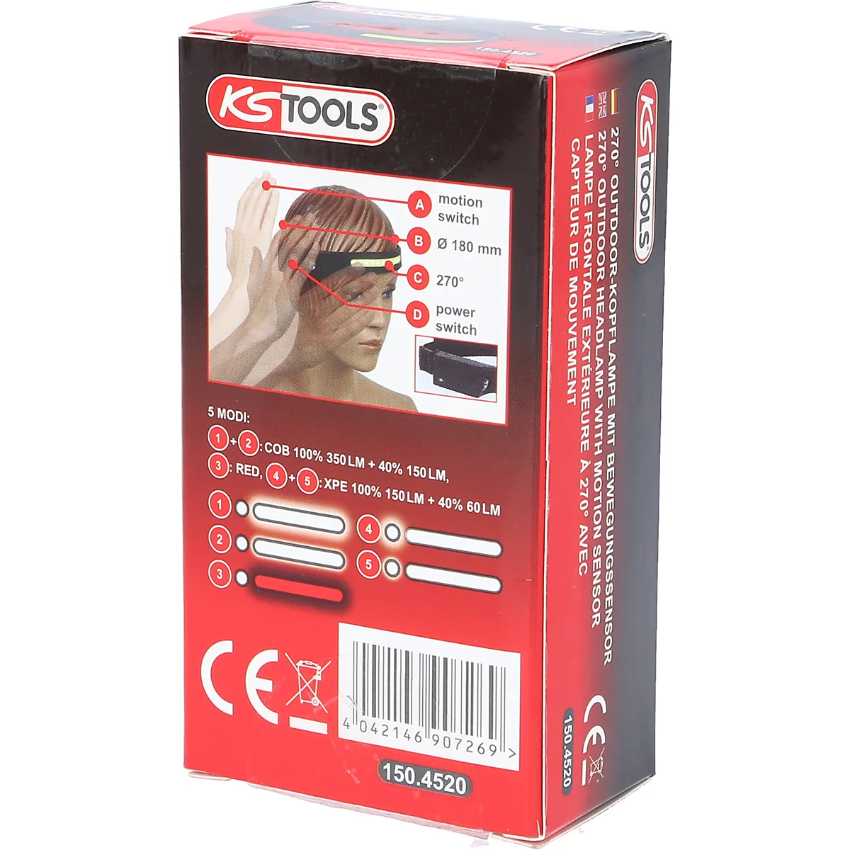Auf einer roten Verpackung ist eine Stirnlampe abgebildet. Grafiken zeigen die Funktionen der Lampe. Text: KS Tools, 270° Outdoor-Kopflampe.