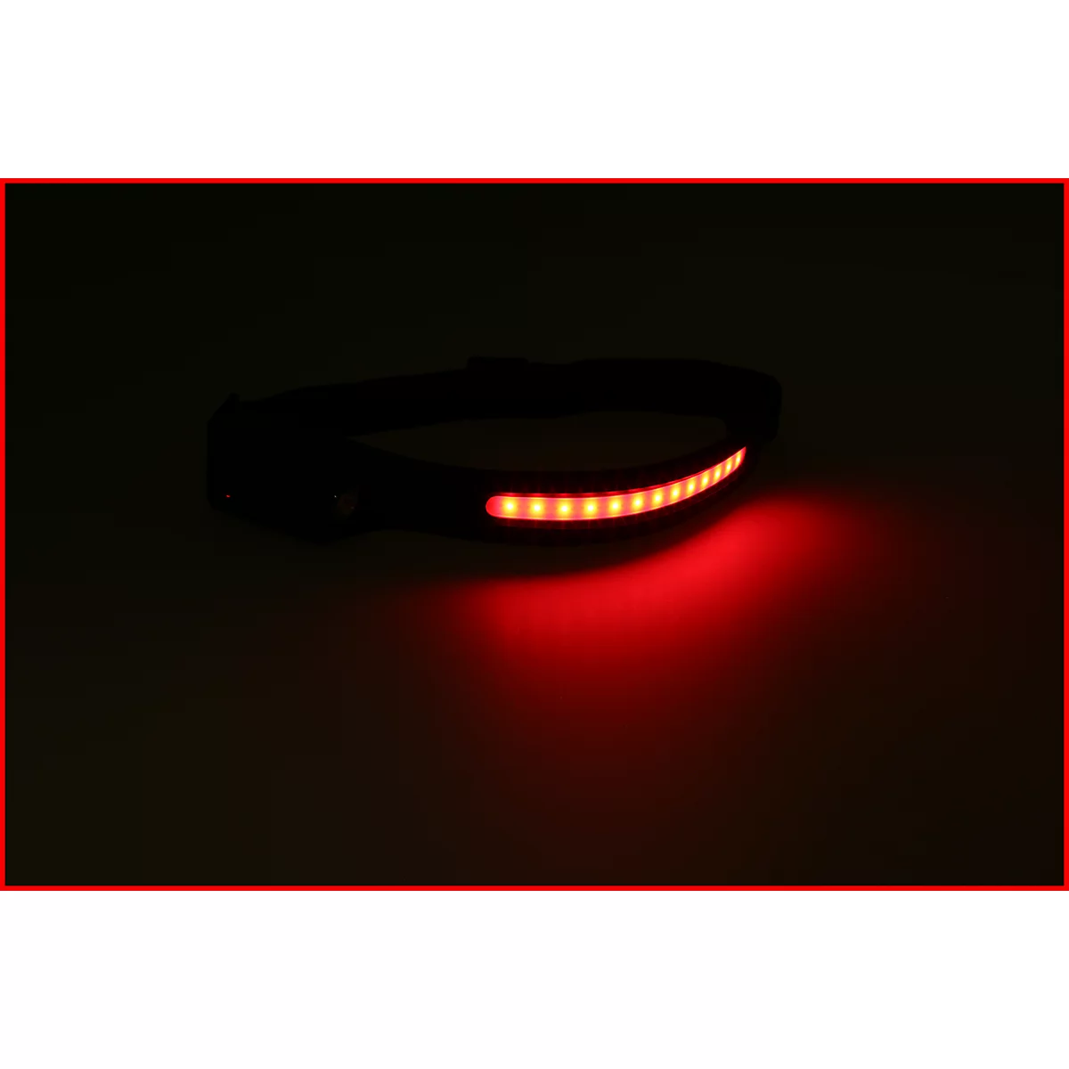 Schwarzes Armband mit roten LEDs, die leuchten. Im Dunkeln sichtbar.