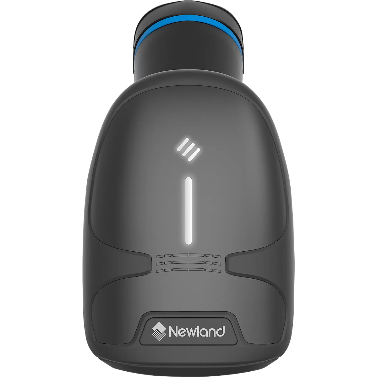 Schwarzer Barcode-Scanner mit weißem Licht und blauem Detail. Der Schriftzug Newland ist zu sehen.