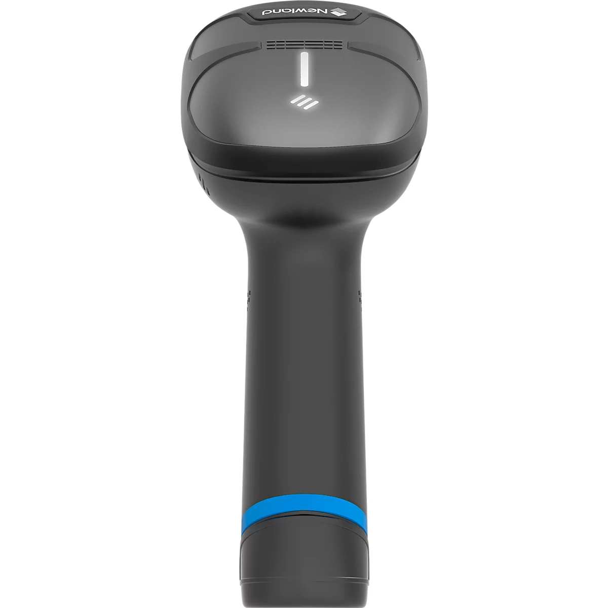 Schwarzer Handscanner mit blauem Band am Griff. Oberteil mit weißem Logo und Scanfeld.