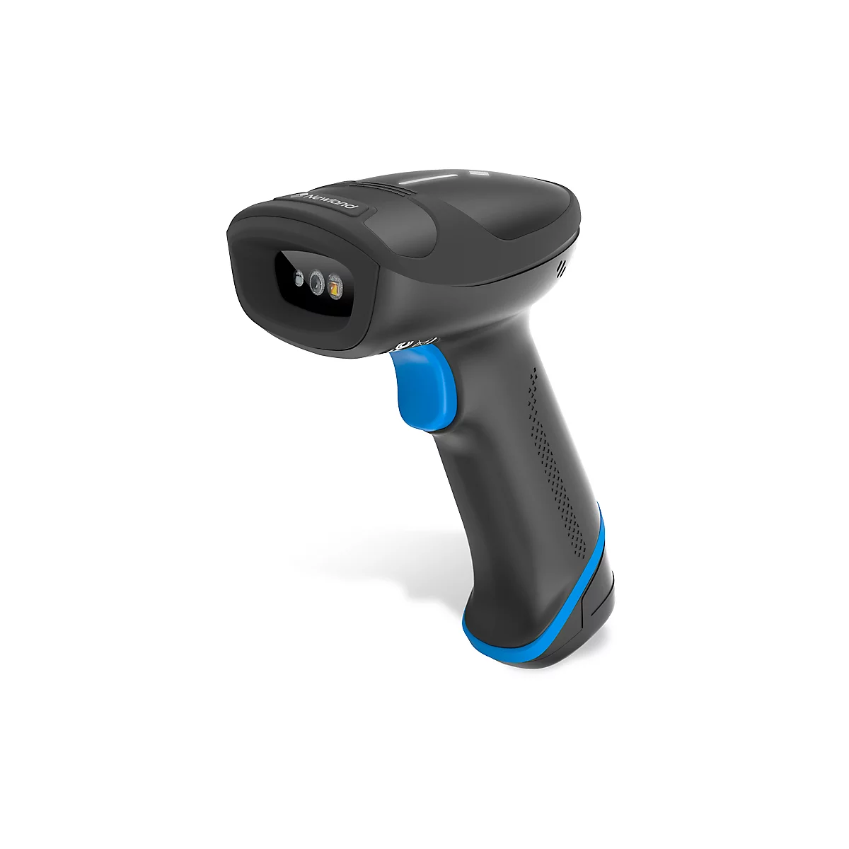 Schwarzer Barcodescanner mit blauem Knopf und blauer Linie am Griff.
