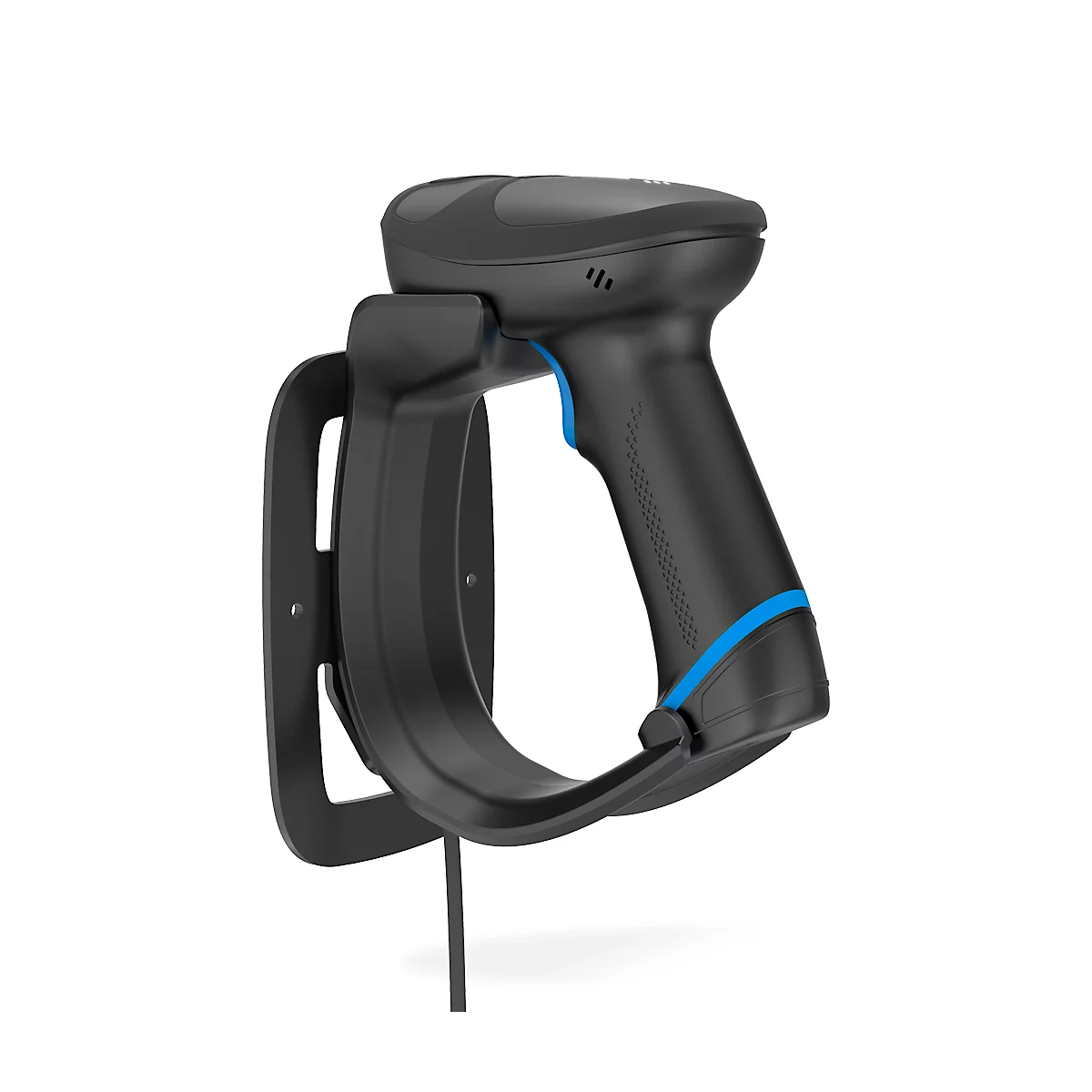 Schwarzer Barcodescanner in einer Halterung mit blauem Akzent. Die Halterung ist an der Wand befestigt, ein Kabel führt nach unten.