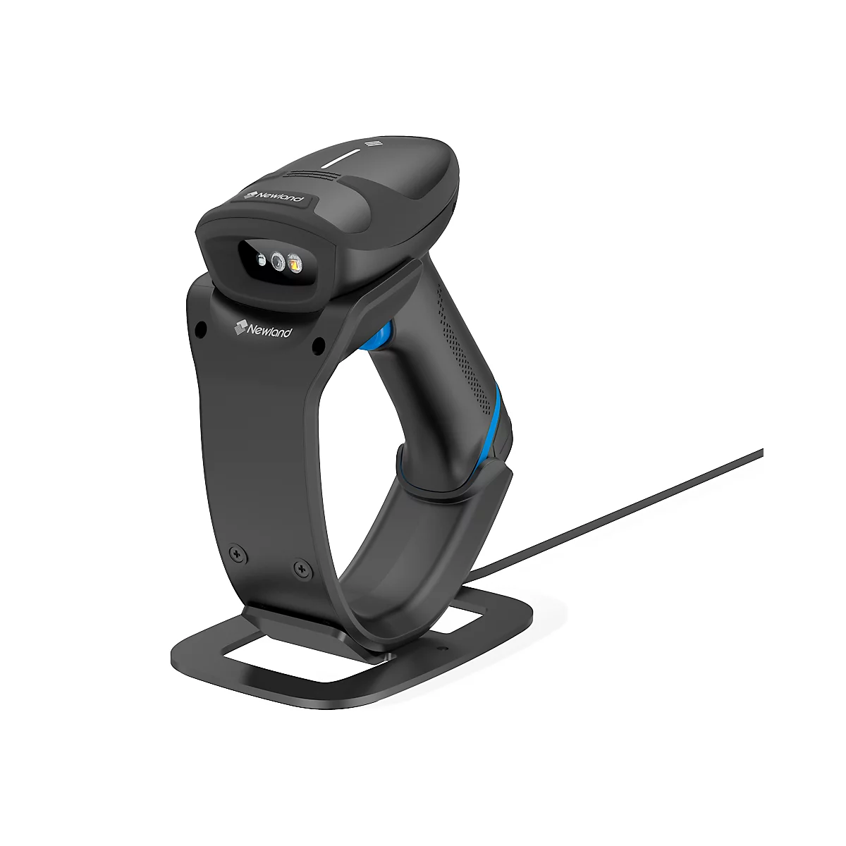 Schwarzer Barcode-Scanner in Halterung. Mit blauem Akzent, Stecker-Kabel.