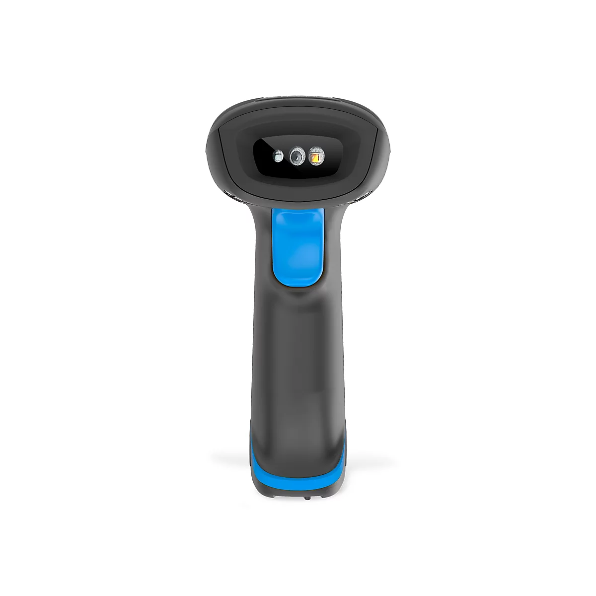 Schwarzer Barcode-Scanner in Halterung mit blauem Akzent.
