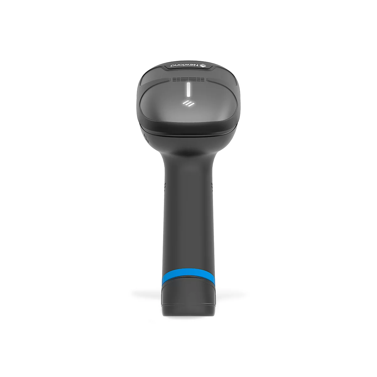 Schwarzer Barcodescanner mit blauer Taste und Akzenten, auf weißem Hintergrund. Scanner ist in der Hand gehalten.