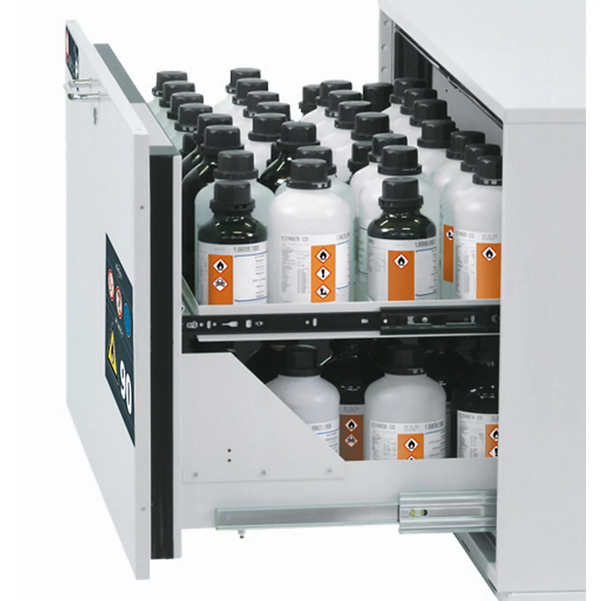 2e niveau coulissant pour les armoires de sécurité asecos des séries UB90 et UB30, acier inoxydable 1.4301, L 446 x P 442 x H 45 mm, 3 l, jusqu'à 25 kg