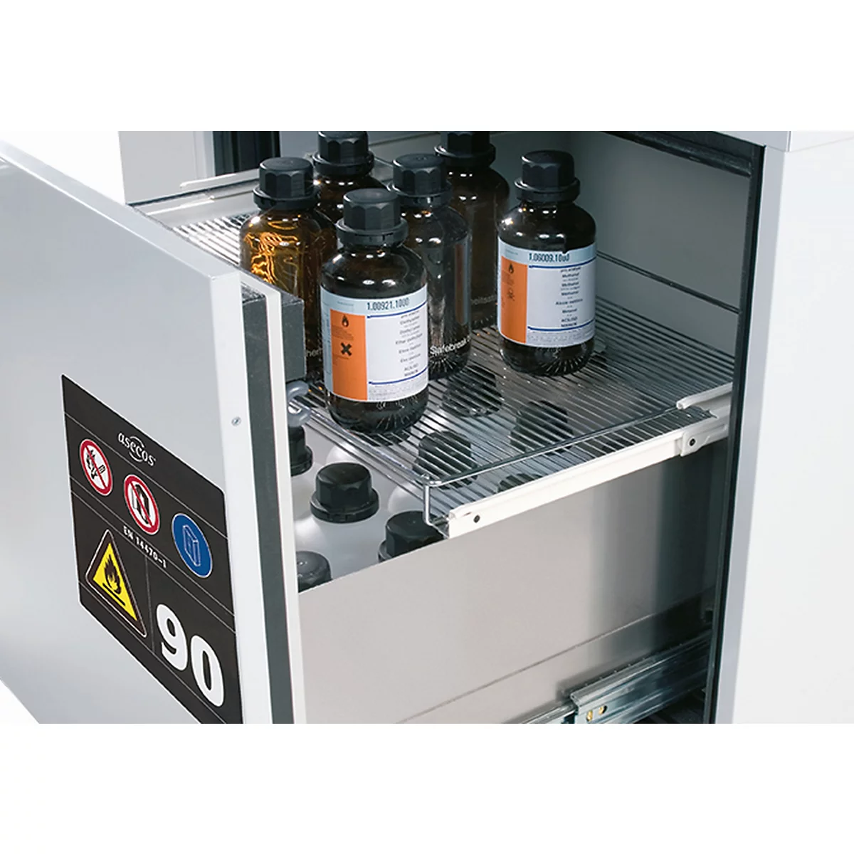 2ème niveau coulissant pour les armoires de rangement de sécurité asecos de la série UB90, acier inoxydable 1.4301, L 725 x P 425 x H 47 mm, jusqu'à 25 kg