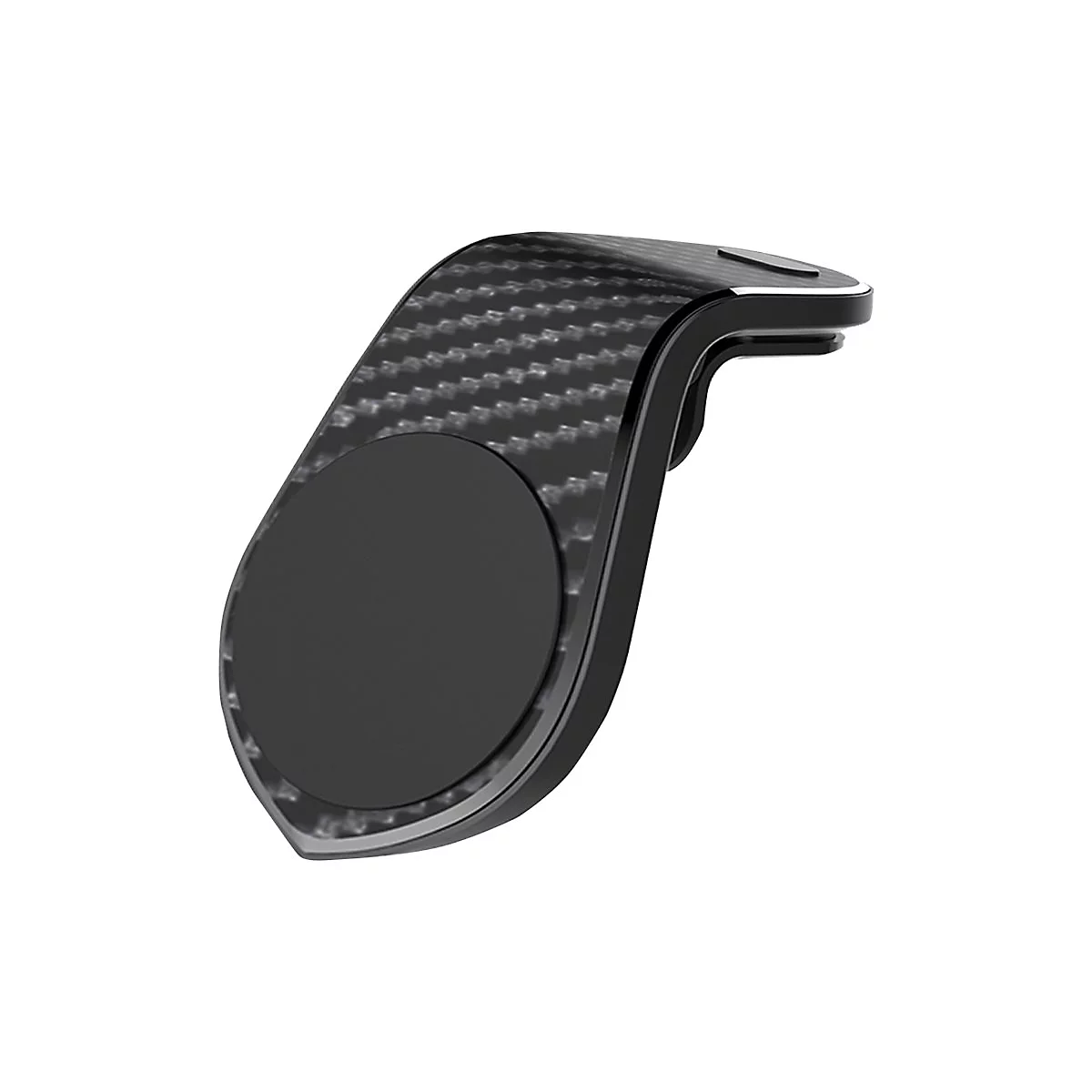 Schwarzer Handyhalter für das Auto. Carbon-Optik, runde Halterung für das Handy, schwarzer Rahmen und weißer Akzent.