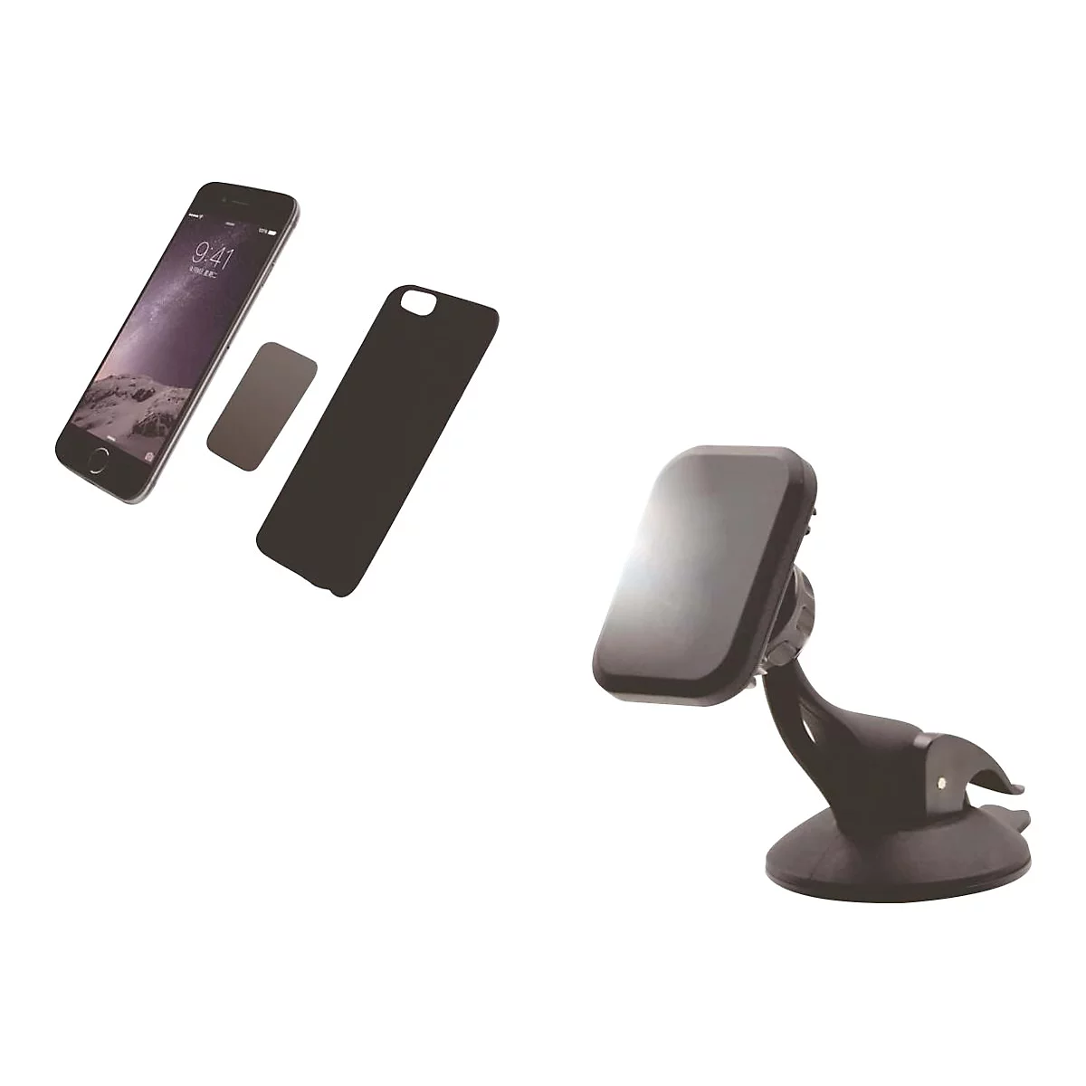 Smartphone, Metallplättchen, Schutzhülle und eine schwarze magnetische Autohalterung mit Saugnapf.