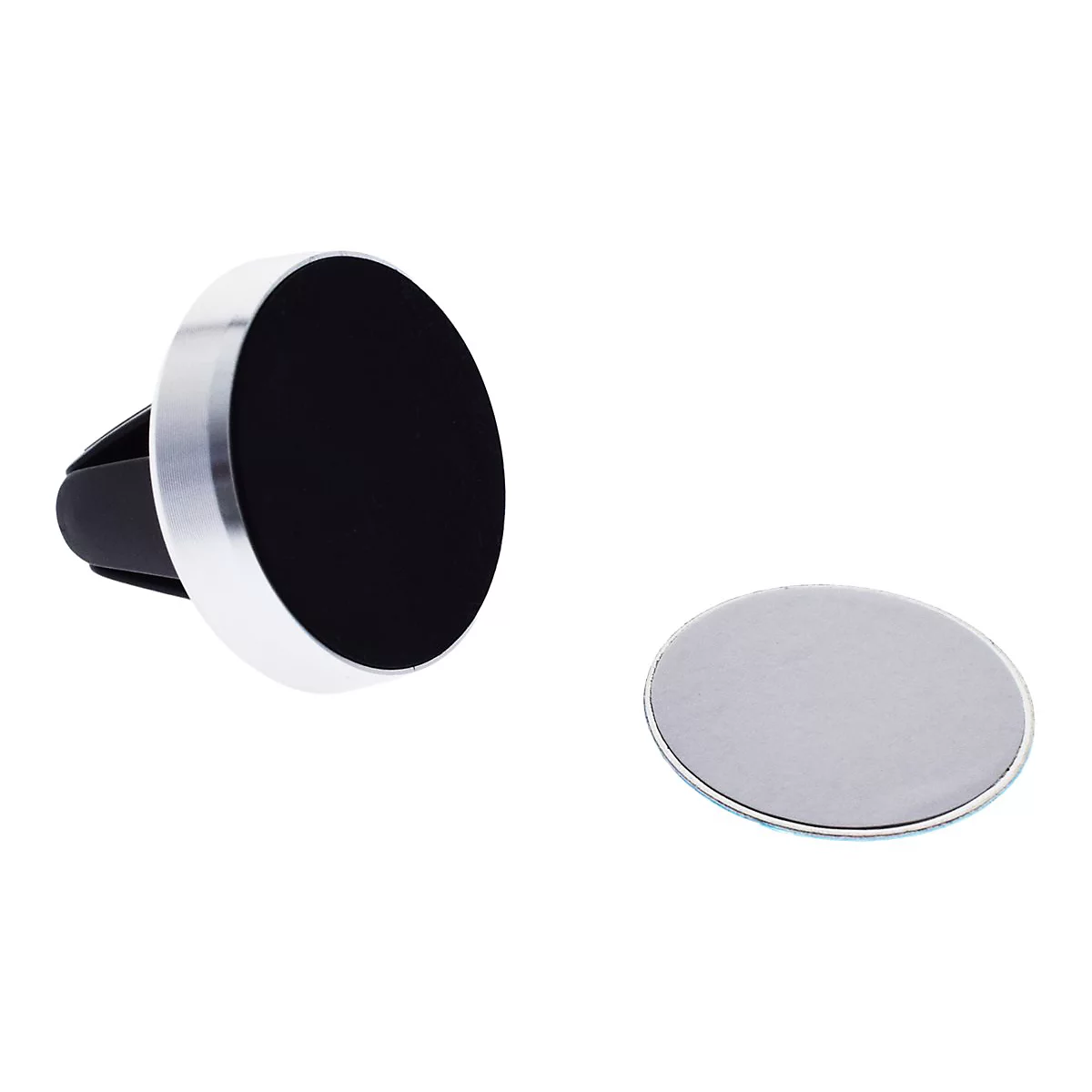 Magnetische Handyhalterung mit silbernem Rand und schwarzer Auflage sowie eine runde Metallplatte.