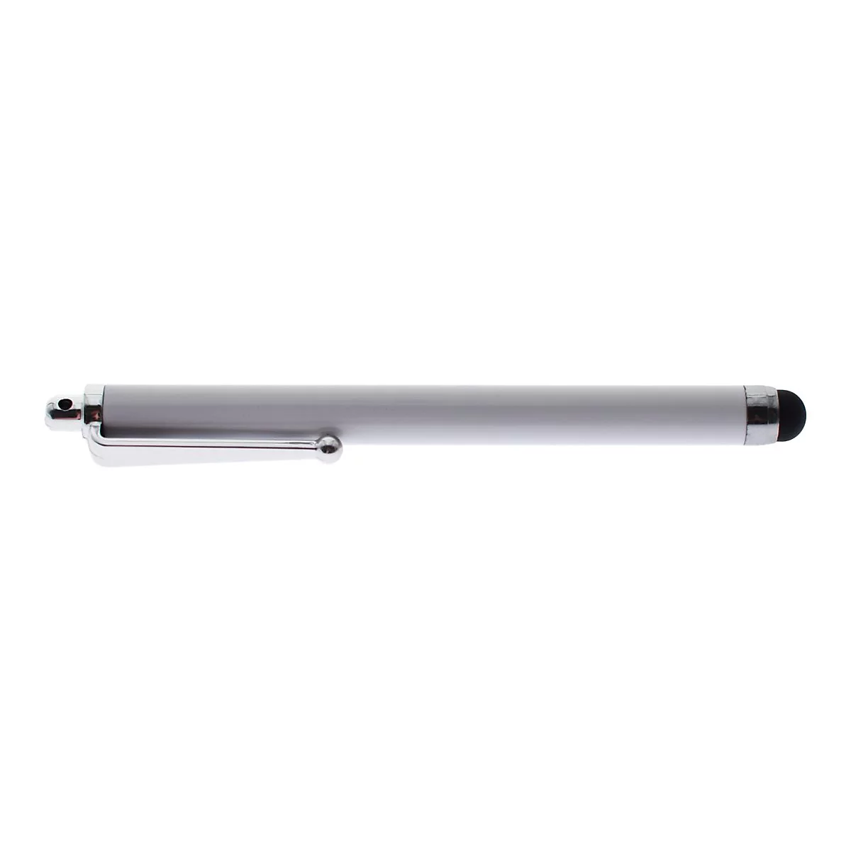 Ein weißer Eingabestift mit silbernem Clip vor einem weißen Hintergrund.