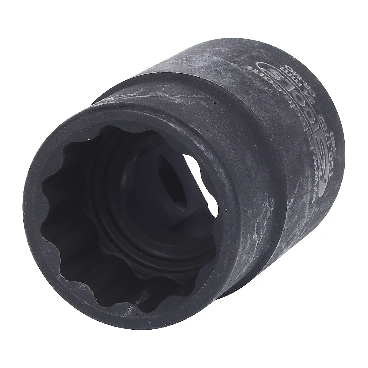 Dunkle Steckschlüssel-Nuss, 12-Kant, mit Prägung von KSTOOLS und Maßen.