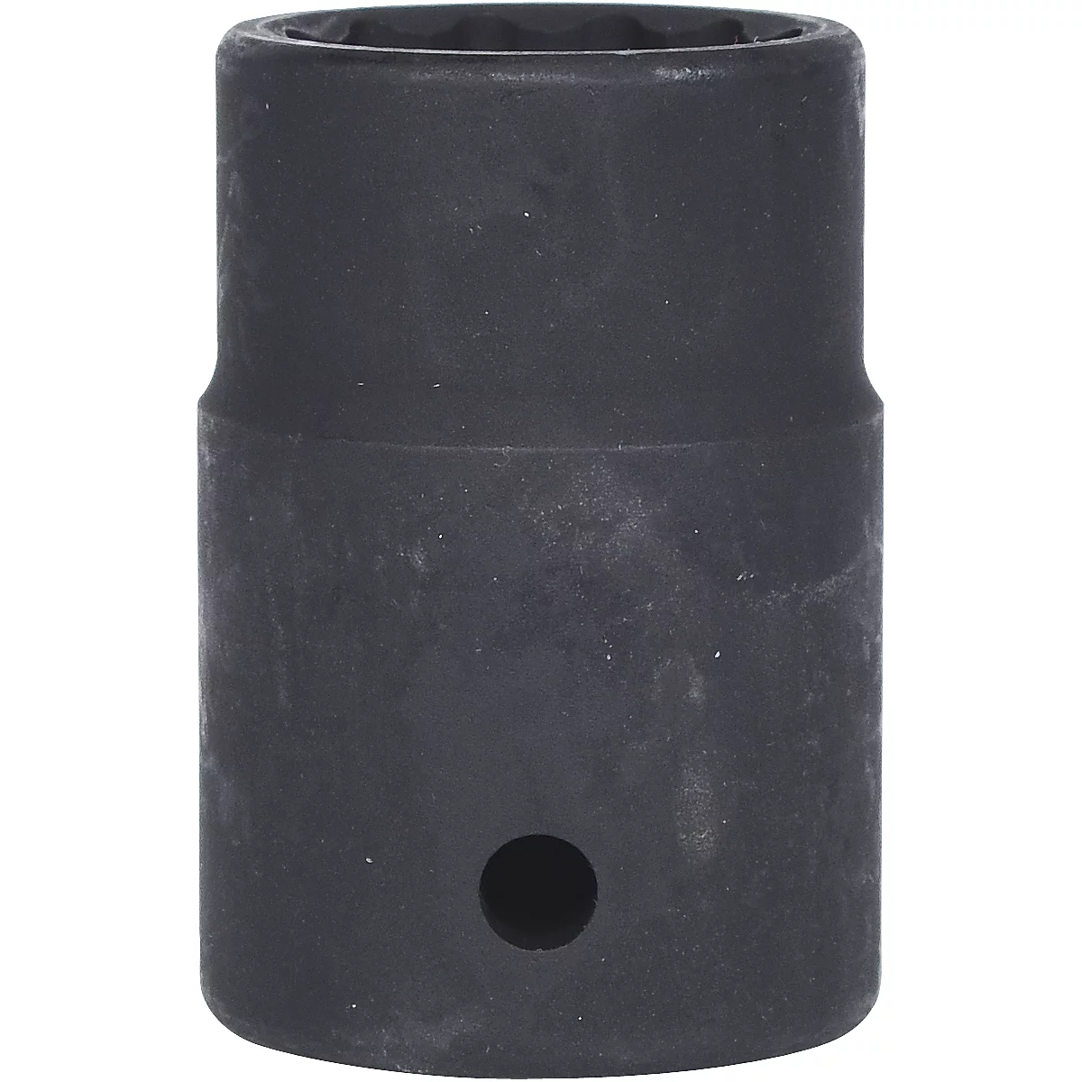 Schwarze Stecknuss mit 12-kantiger Innenverzahnung. Darunter ein Loch.