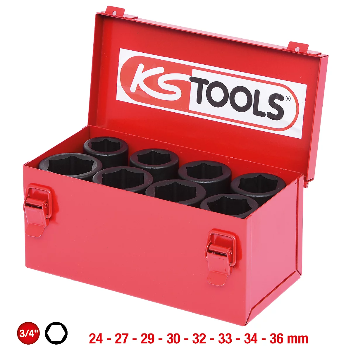 Roter Werkzeugkasten mit schwarzen Steckschlüsseln. Auf dem Deckel steht "KS TOOLS". Unten sind Größenangaben.