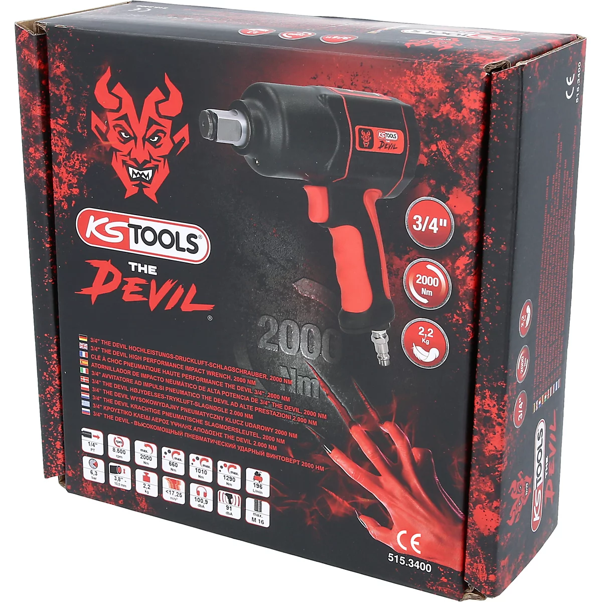 Der "KS TOOLS THE DEVIL" Schlagschrauber in seiner Originalverpackung. Auf der Verpackung sind Details und Logos zu sehen.