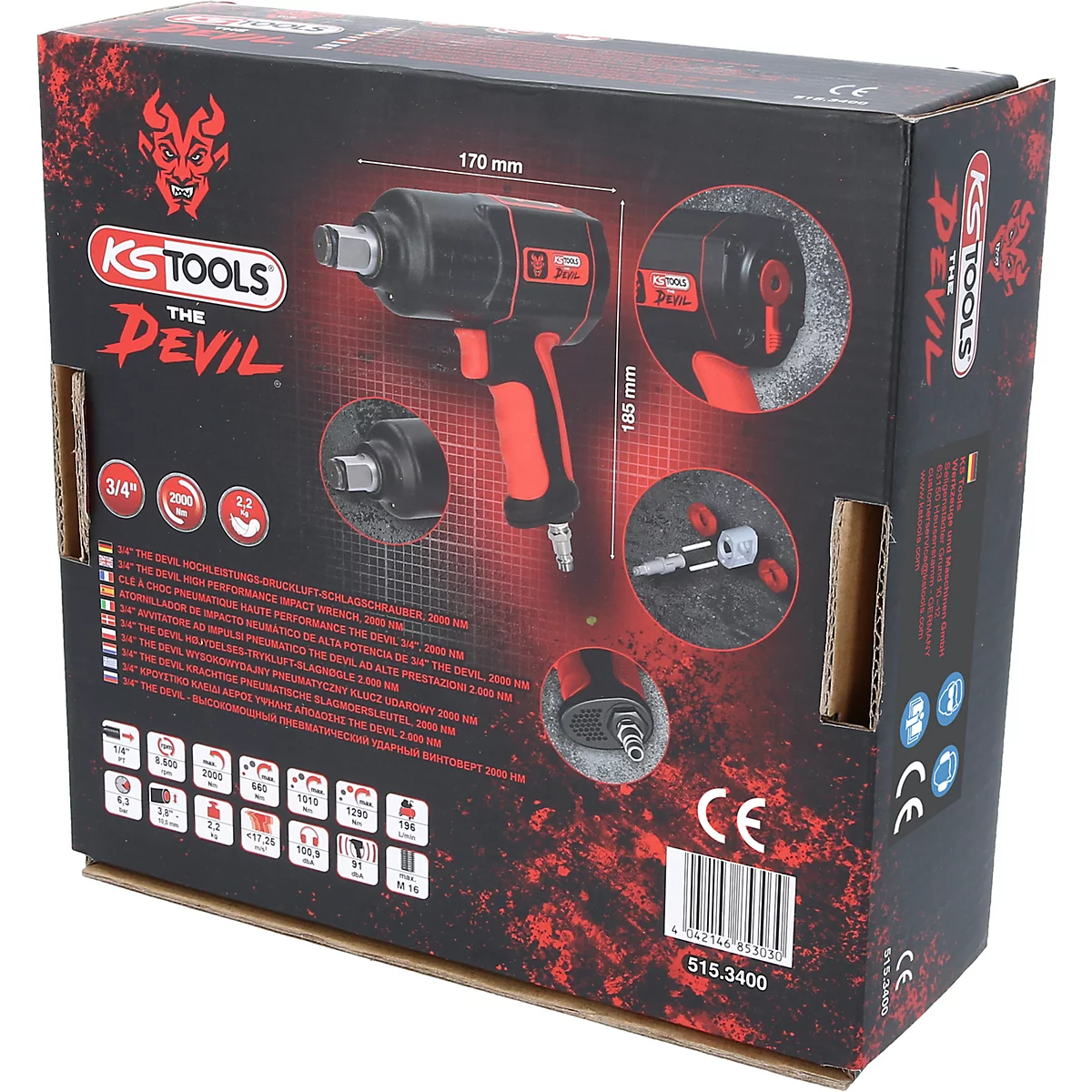 Eine KS TOOLS THE DEVIL-Schlagschrauber-Box. Der Hintergrund ist rot und schwarz, das Produkt ist abgebildet.