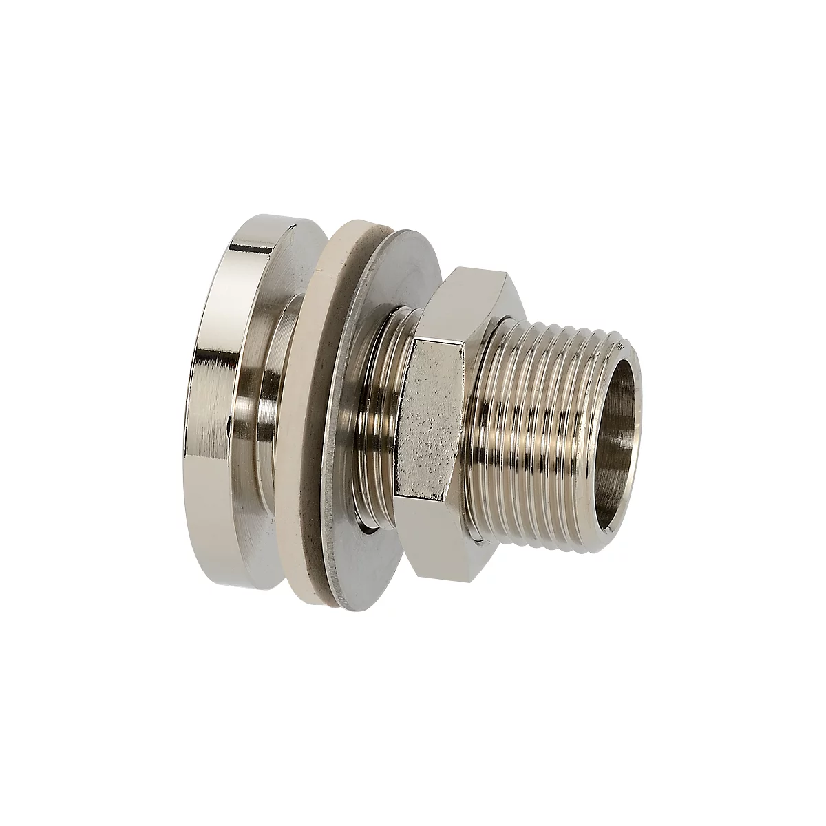 Chrome-plated pipe fitting with threads and seals.