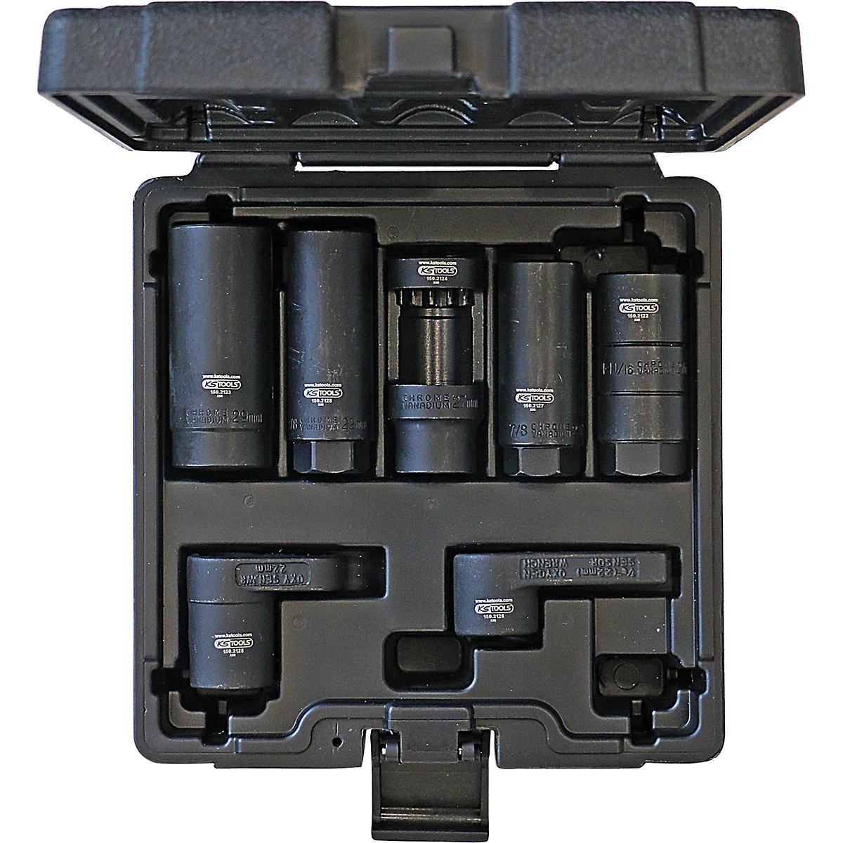 Schwarzer Werkzeugkoffer mit verschiedenen Schraubenschlüsseln und Zubehör.