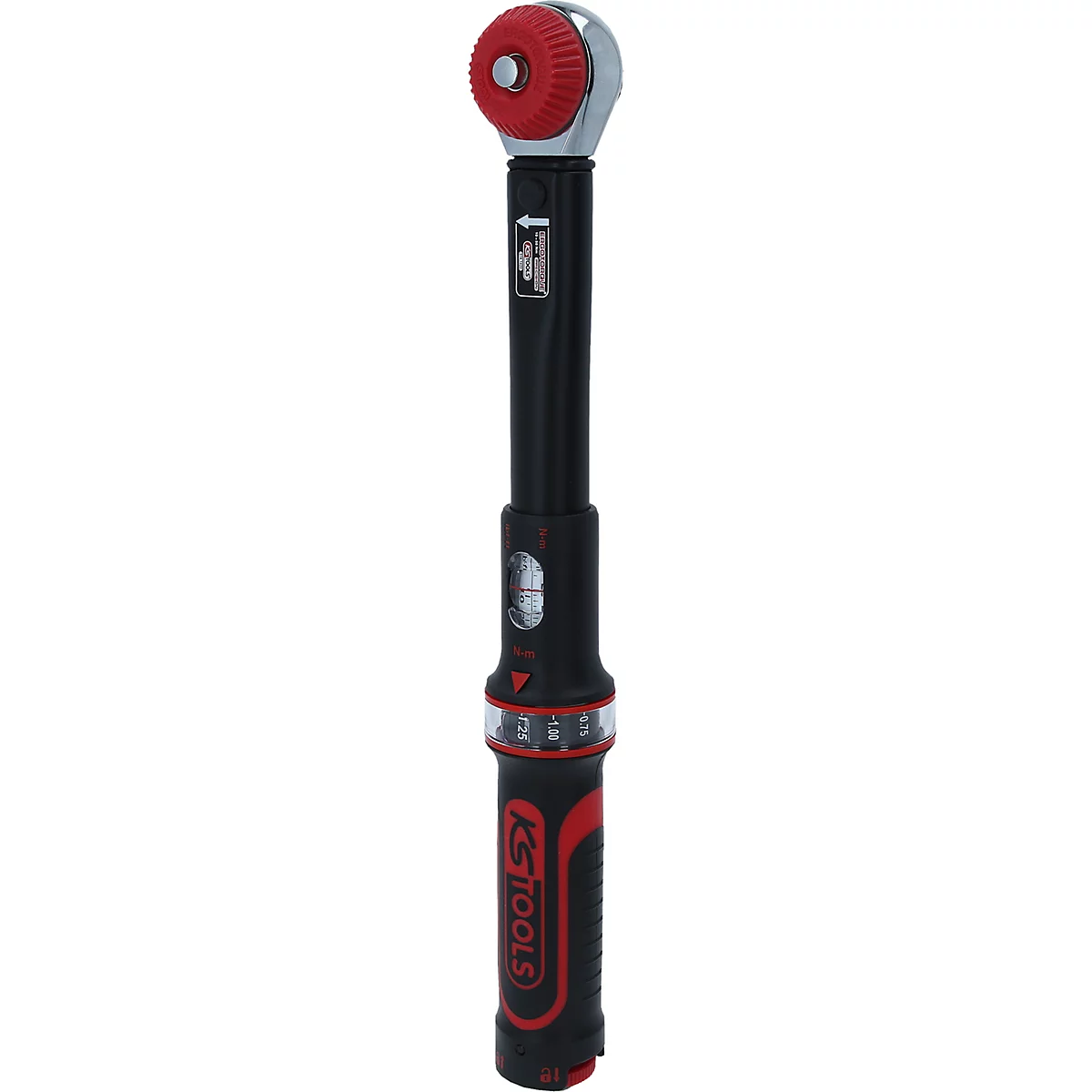 Ein schwarzer Drehmomentschlüssel mit roten Akzenten. Der Kopf ist rot, mit einer silberfarbenen Basis. KS TOOLS ist auf dem Griff zu sehen.