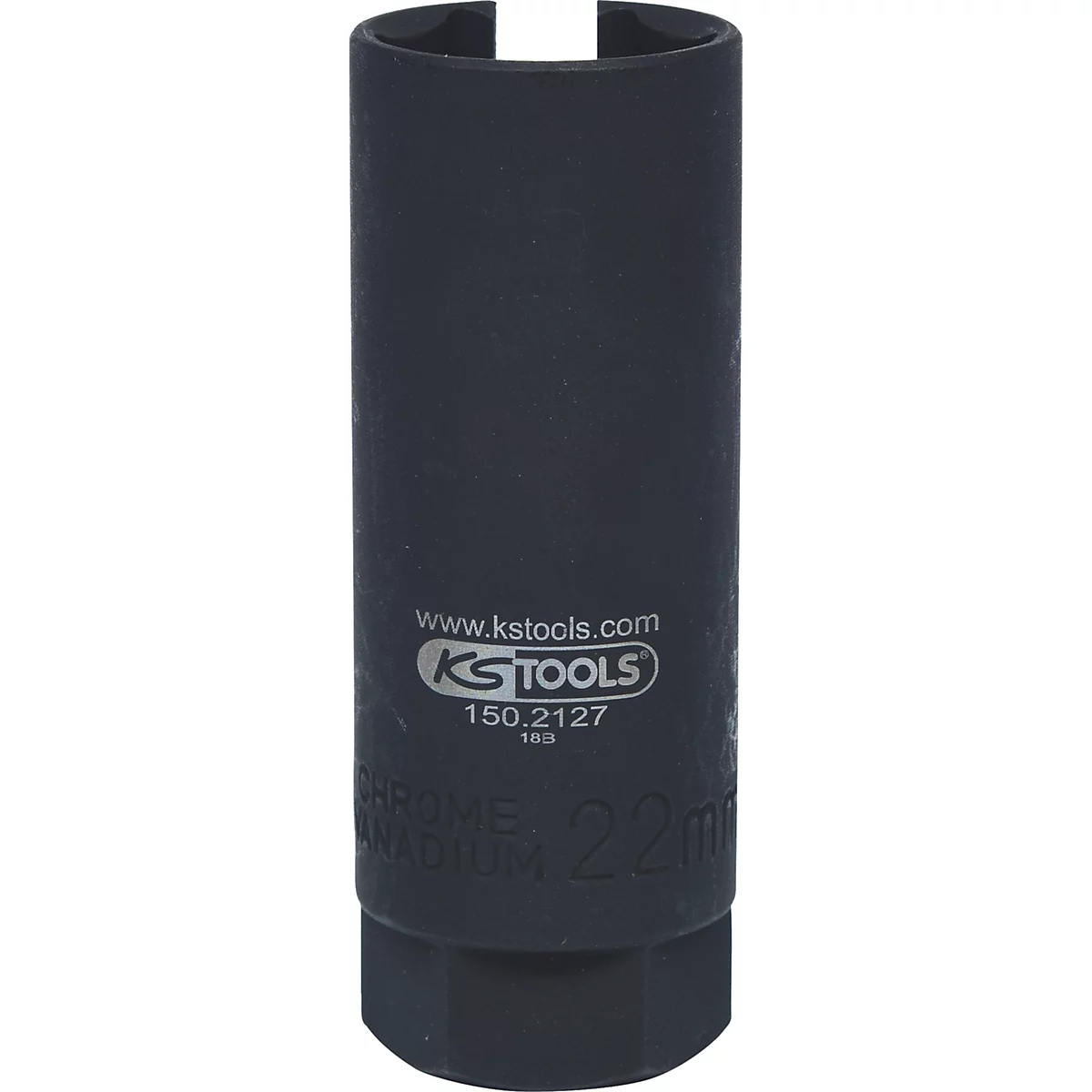 Schwarze Steckschlüssel-Nuss mit KS Tools-Logo, 22 mm. Mit Aufdruck: "CHROME VANADIUM".