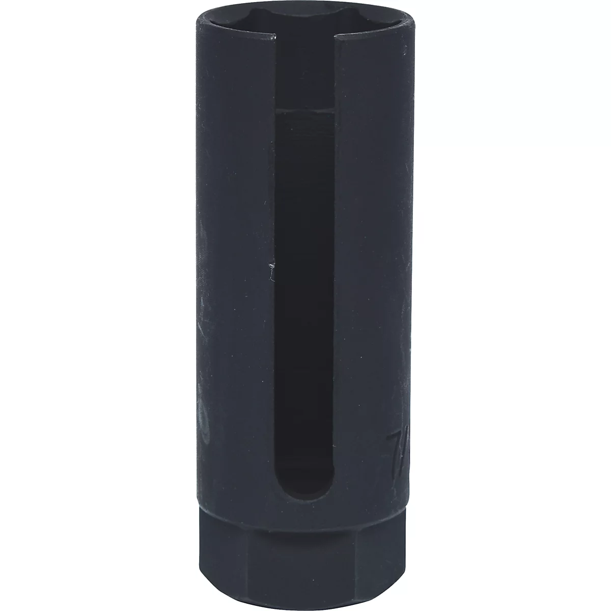 Dunkelgraue Steckschlüssel-Spezialnuss mit Aussparung, für KFZ-Reparaturen.