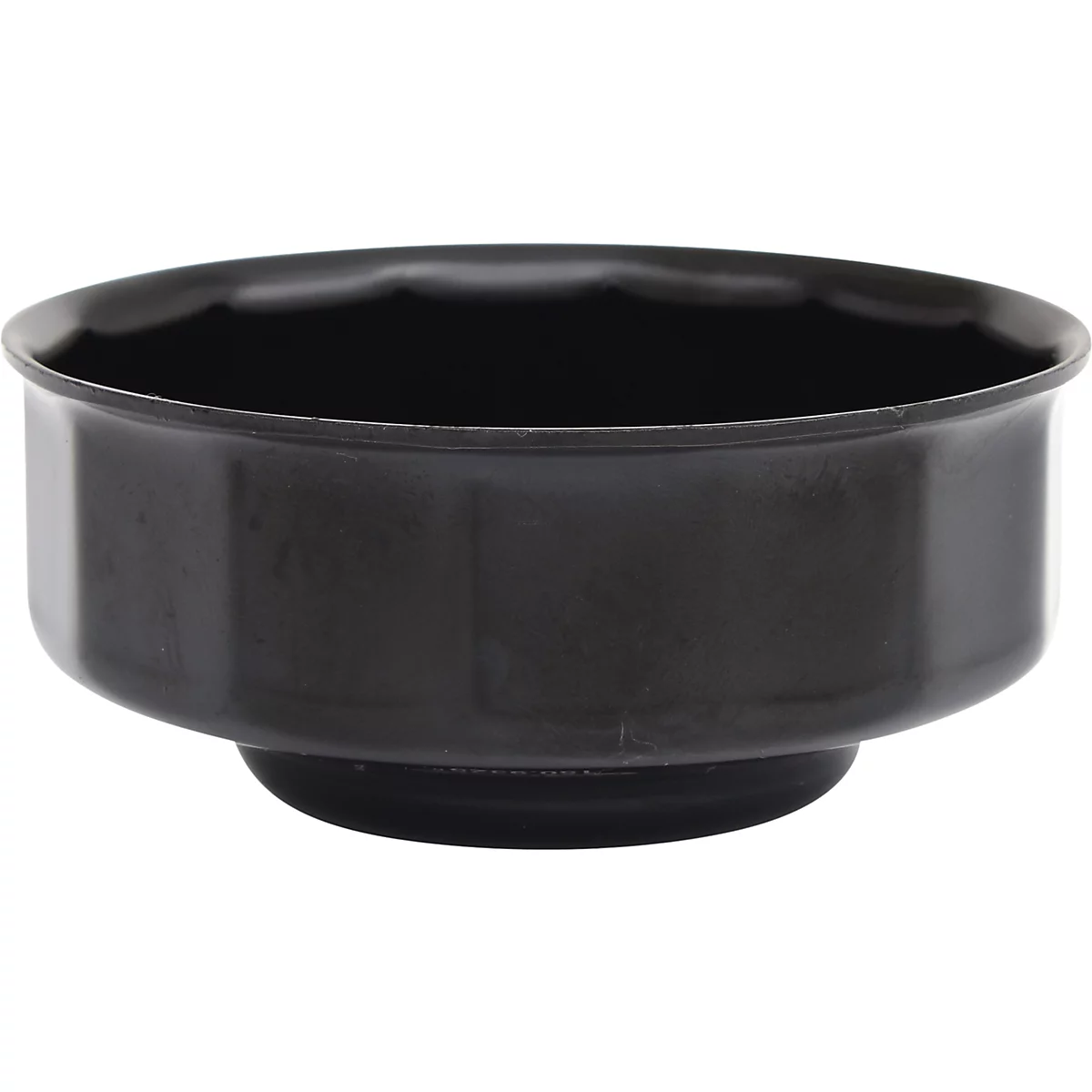 Schwarze, zylinderförmige Schüssel mit glänzender Oberfläche.