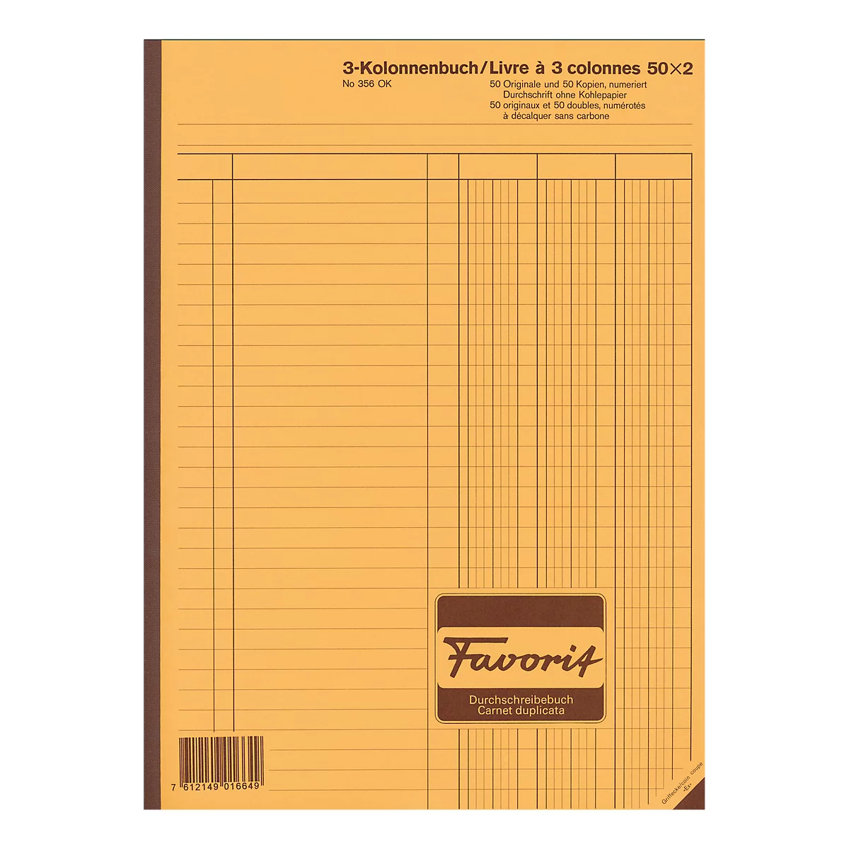 Yellow notebook with columns, text in German and French, brown Favorit logo.