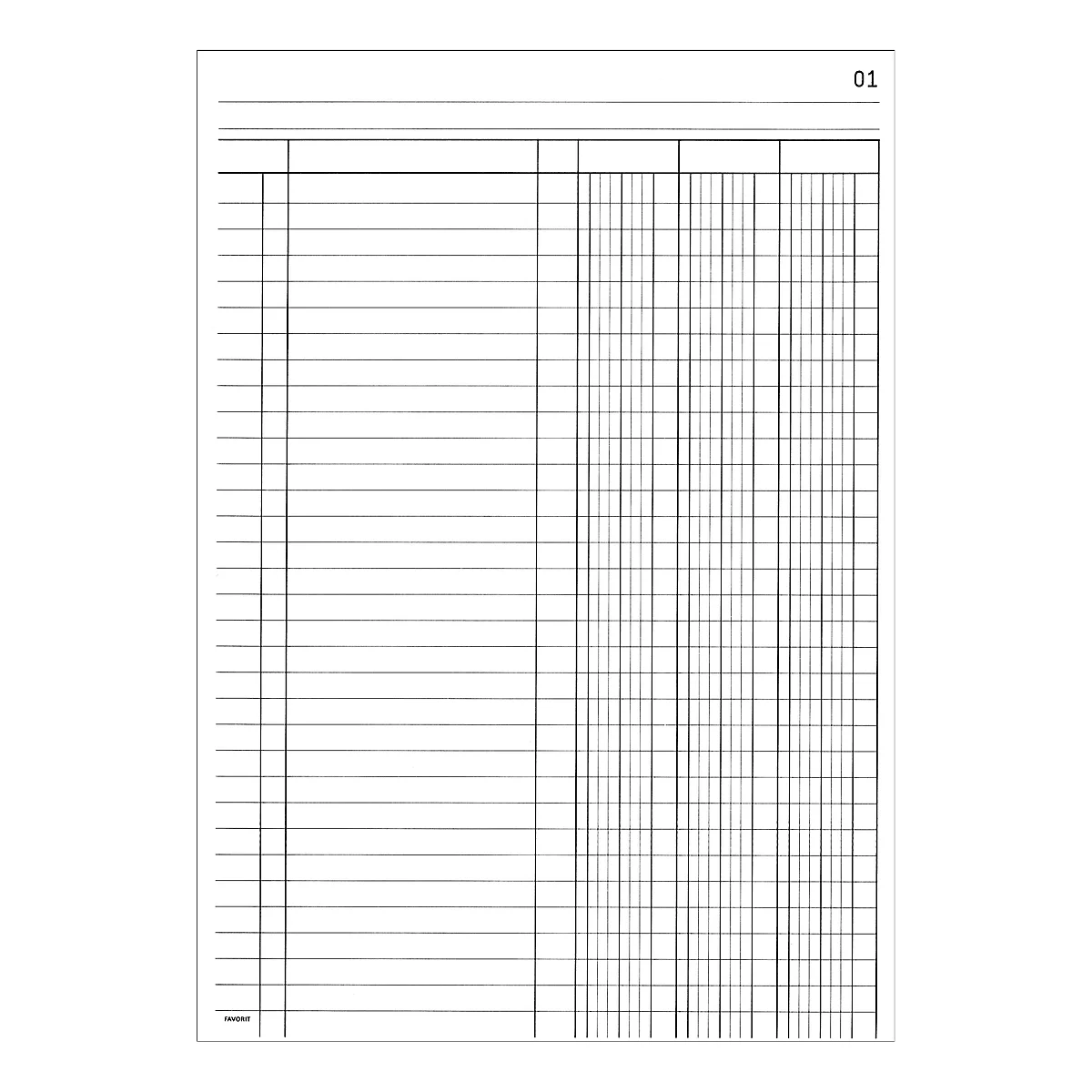Notebook with horizontal and vertical lines to create tables. The top line shows the number 01.