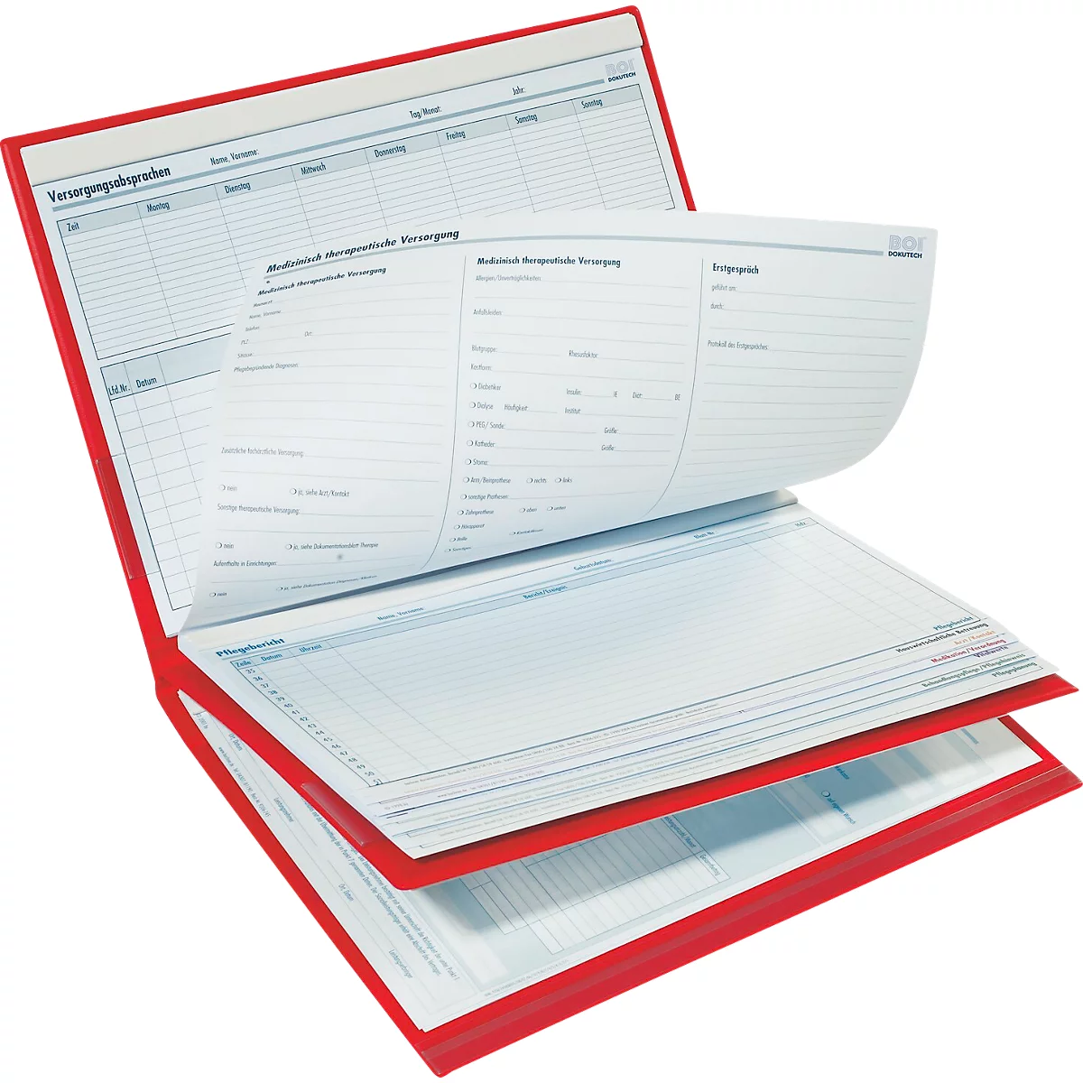 Rotes offenes Buch, Seiten beschriftet mit Tabellen und Text, wie "Verpflegungsgrade".