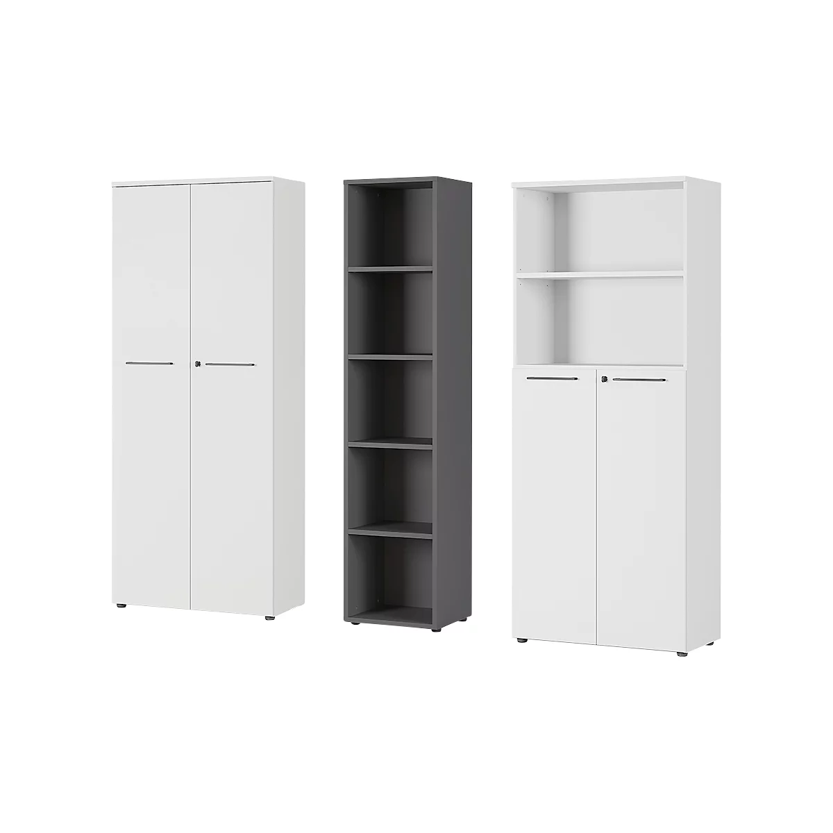 3-delige kantoormeubelset Agenda, 2 archiefkasten, B 800 mm en 1 archiefplank, B 450 mm, elk D 400 x H 1970 mm, grafiet/lichtgrijs