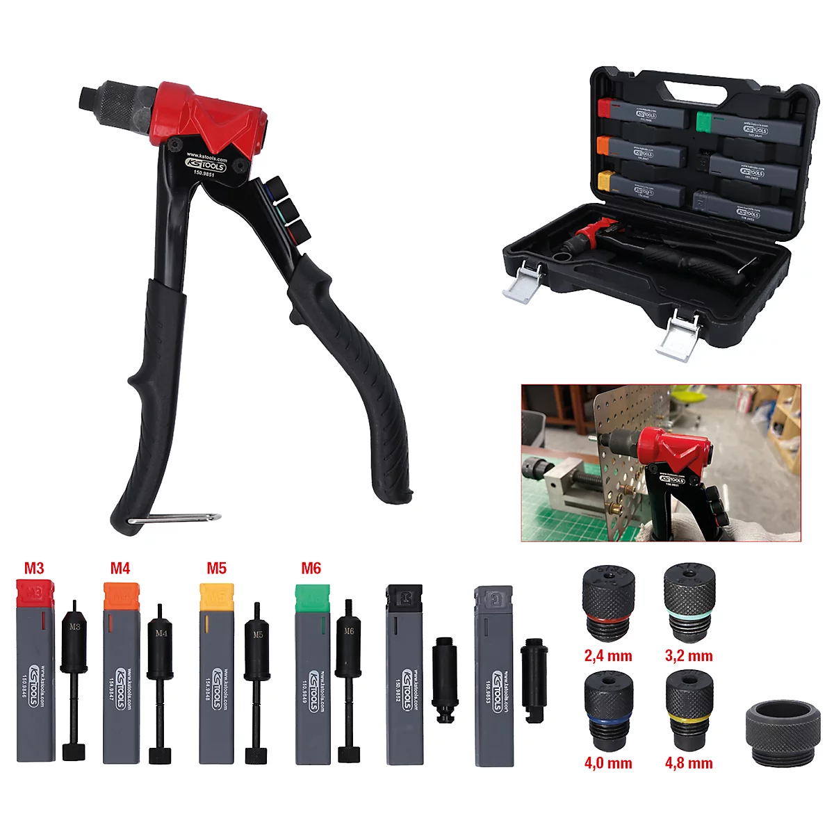 Eine Nietzange mit Zubehör in einem schwarzen Koffer und Detailansichten. Verschiedene Düsen und Größen sind abgebildet.